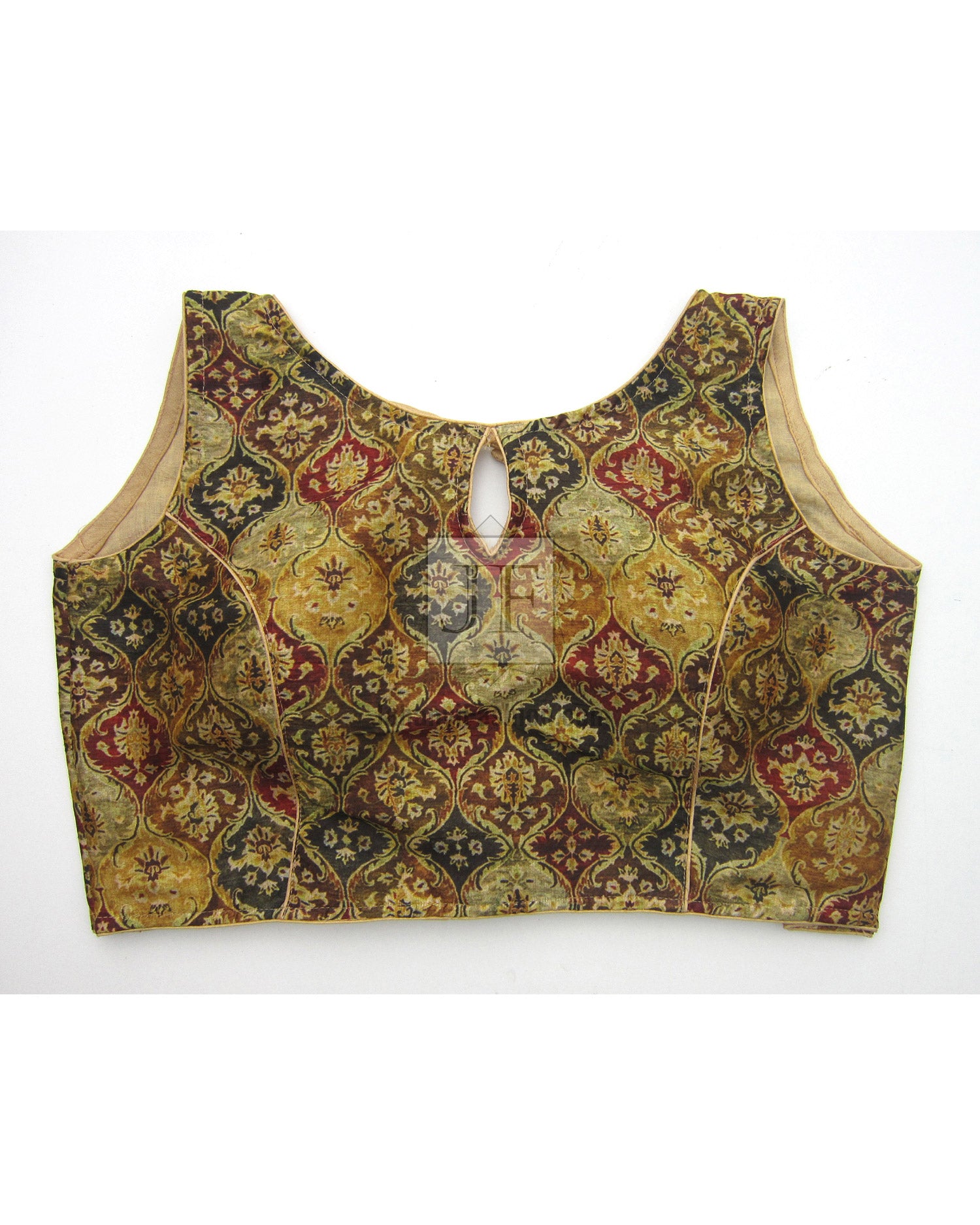 Sleeveless boat-neck sari blouse in gold, red and dark green brocade pattern