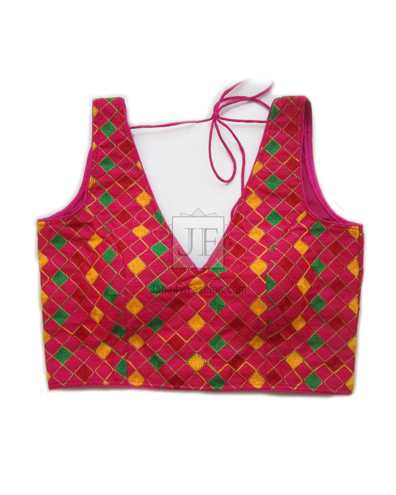 Embroidered saree blouse with V-neck, magenta tie strings, geometric green and yellow pattern