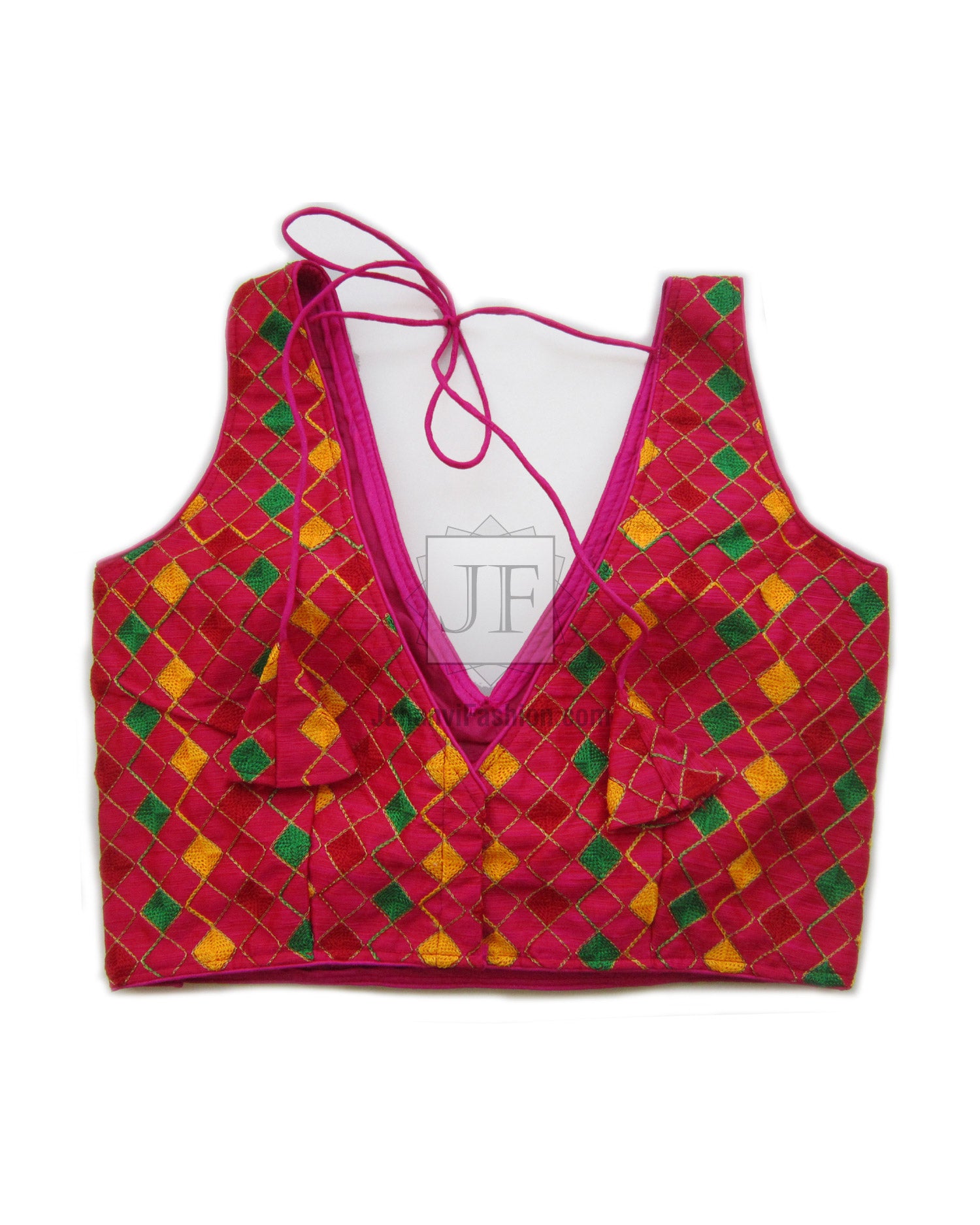 Embroidered saree blouse with V-neck and magenta tie strings, green/yellow diamond pattern
