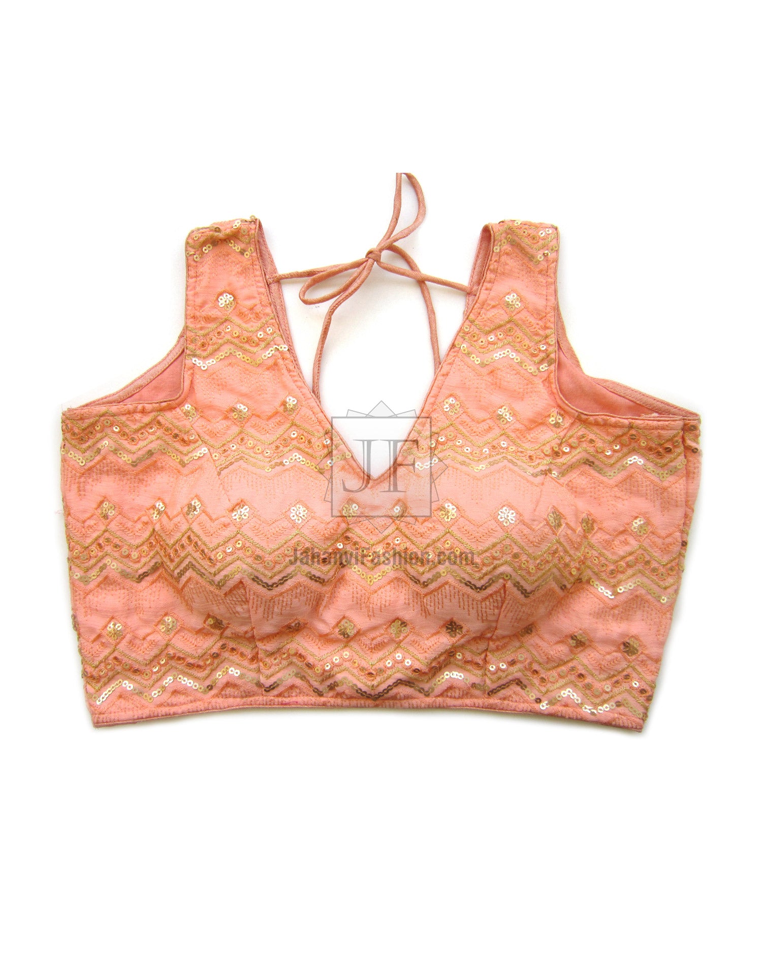Peach embroidered saree blouse with tie-neck, zigzag trim, 3/4 net sleeves