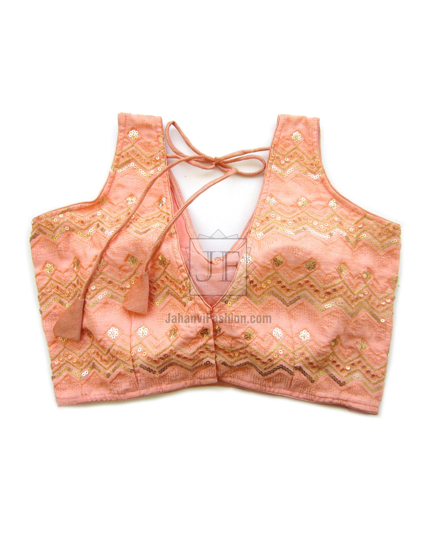 Peach embroidered saree blouse with tie-neck and 3/4 net sleeves