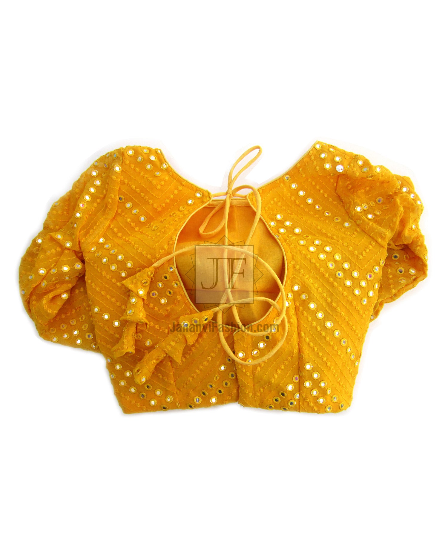 Deep yellow sequined saree blouse back, oval cutout with bow ties, puff sleeves