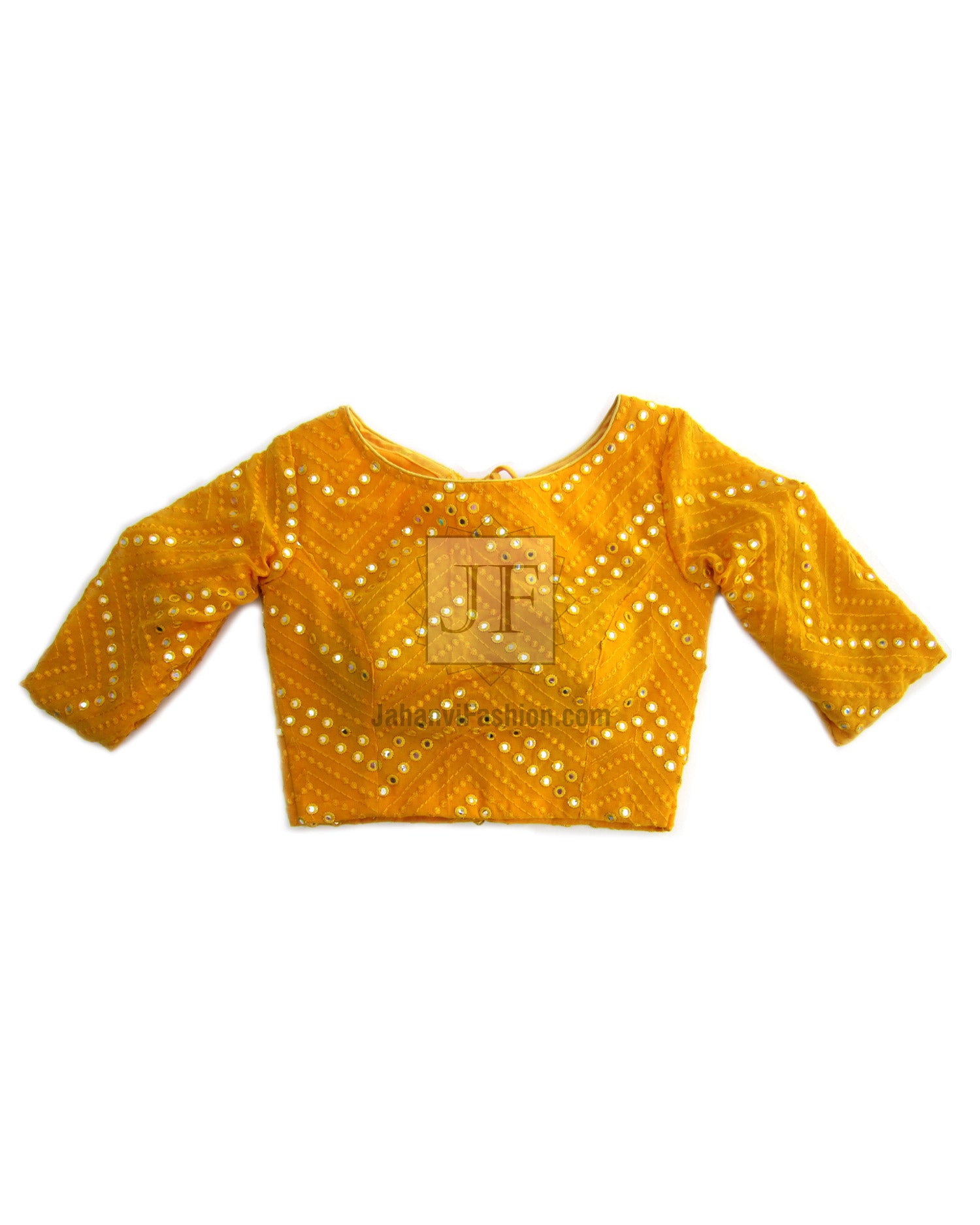 Deep yellow sequined boat-neck saree blouse, 3/4 sleeves, front view