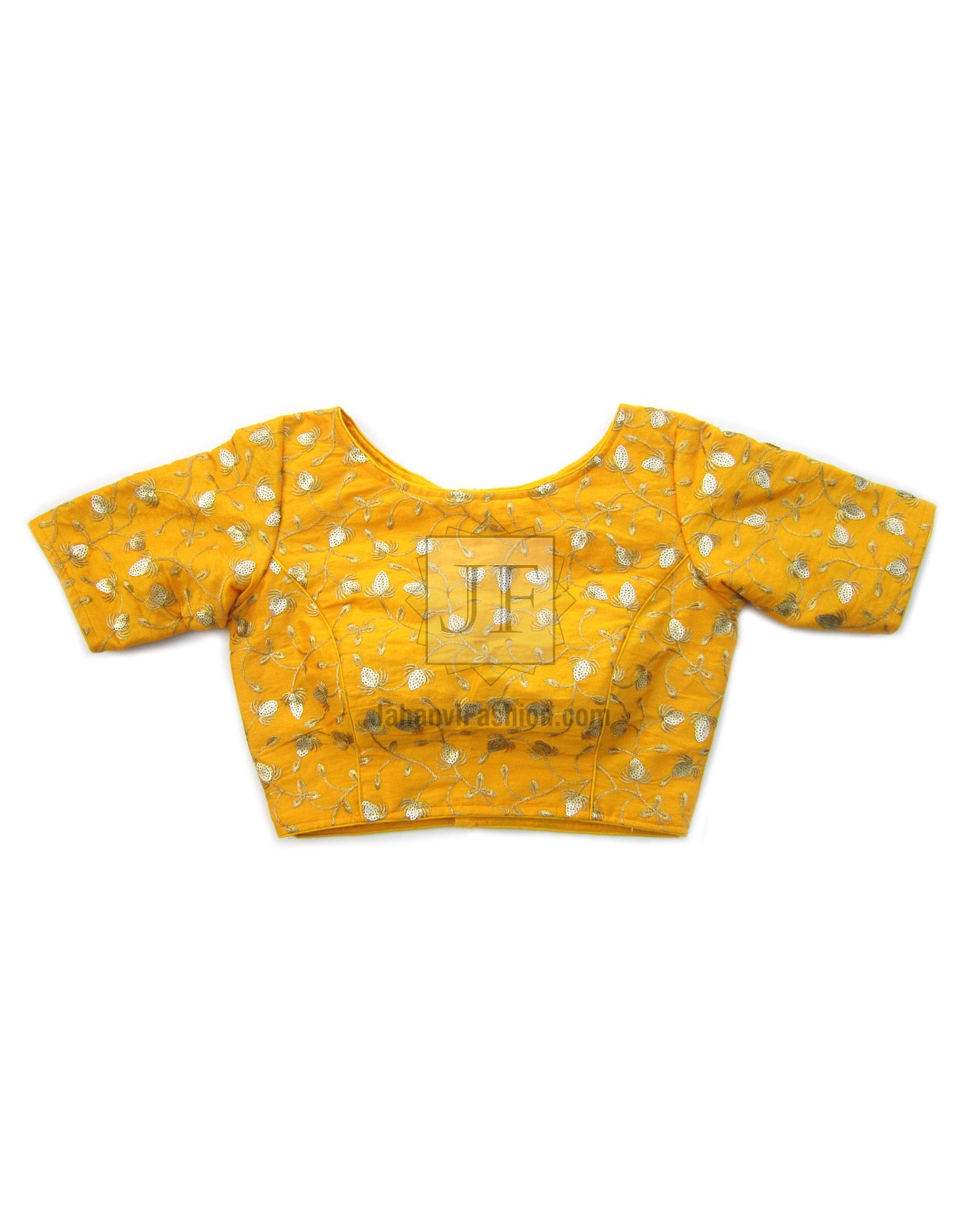 Golden-yellow embroidered blouse crop top with round neckline and short sleeves, front view