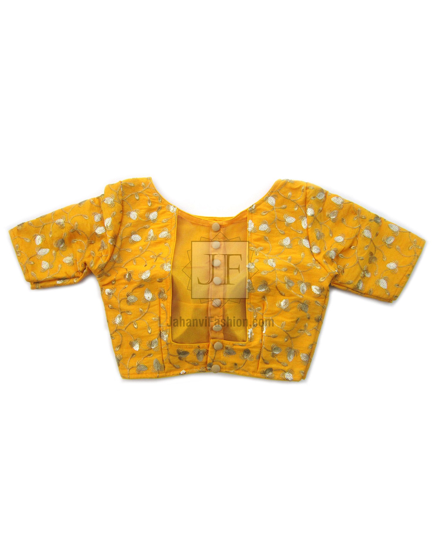Yellow embroidered dupion silk sari blouse crop top with round neck and short sleeves