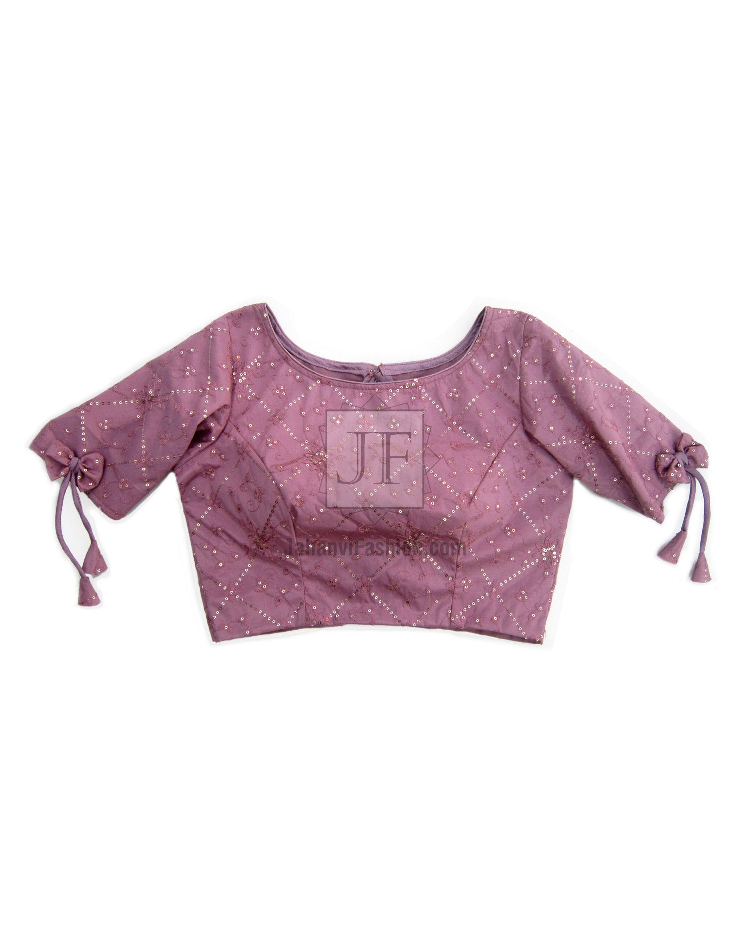 Boat neck saree blouse, dark mauve with sequin dots; puff sleeves with tie bows
