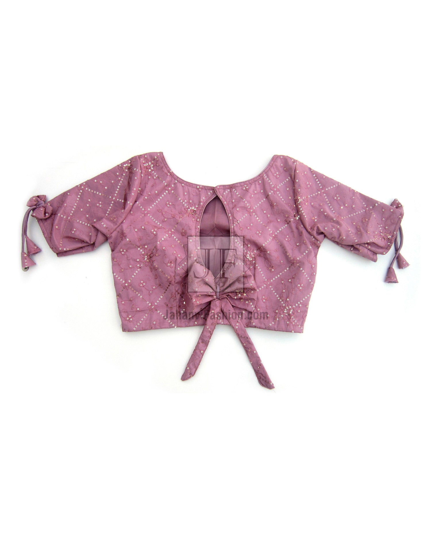 Boat neck saree blouse, dark mauve; open back with central bow and puff sleeves