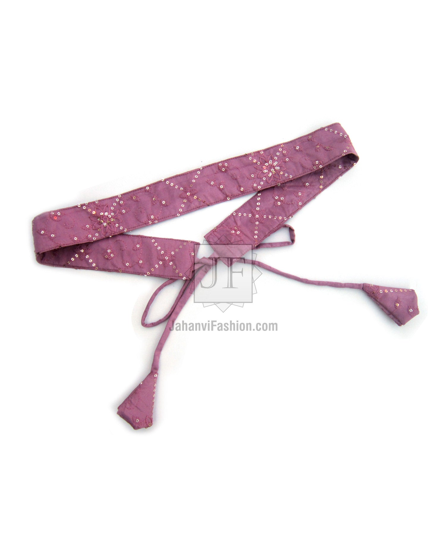 Boat neck saree blouse sleeve ties, dark mauve; long tie strings with sequin dot trim
