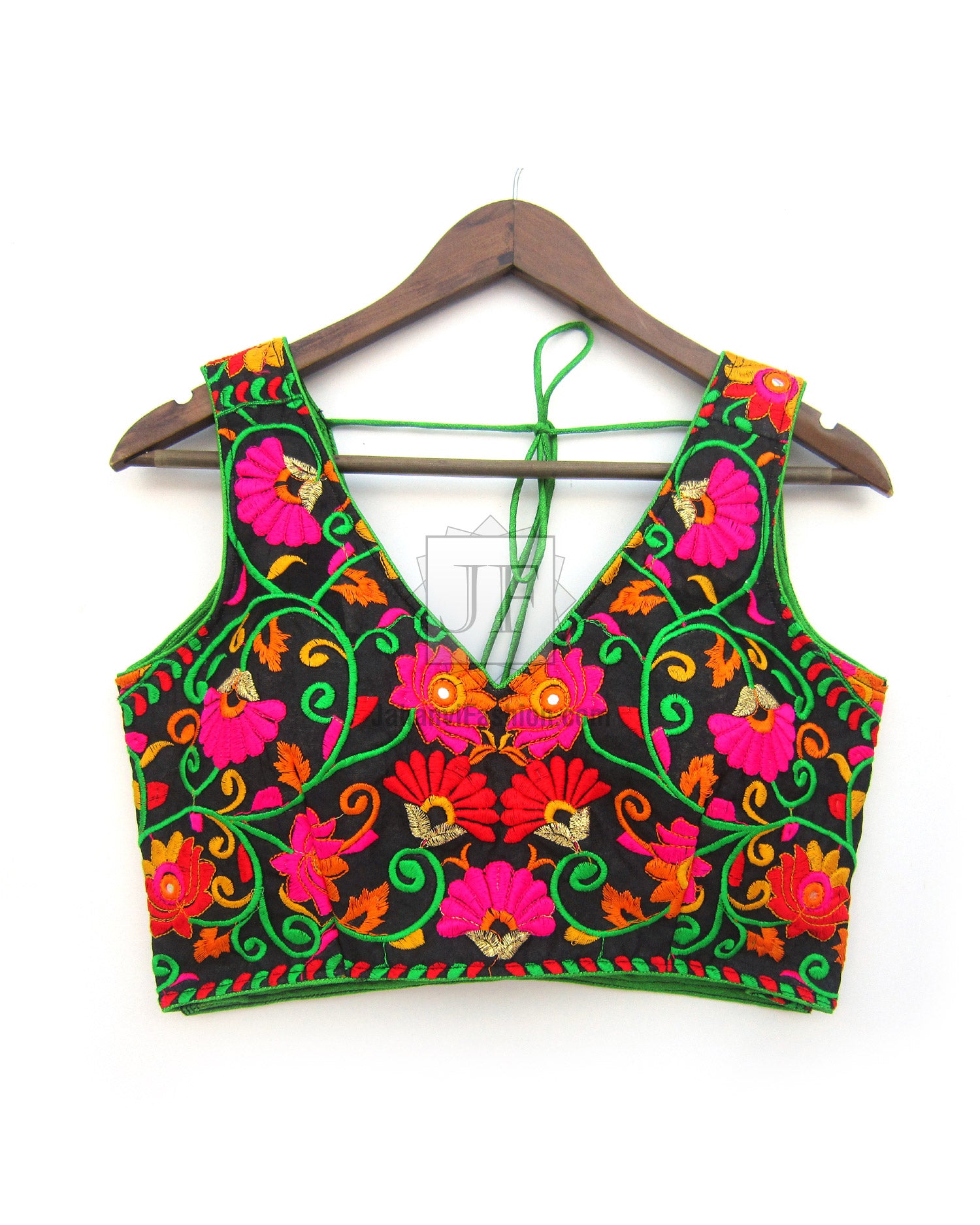 Sleeveless V-neck embroidered blouse, black base with bright pink floral and green patterns