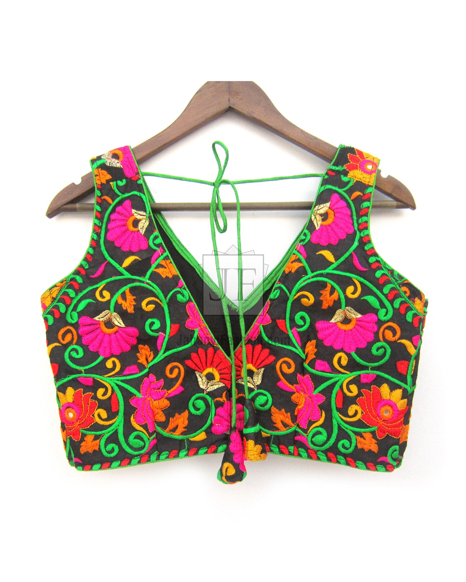 Sleeveless V-neck embroidered blouse, black with pink flowers, green swirls, center tie