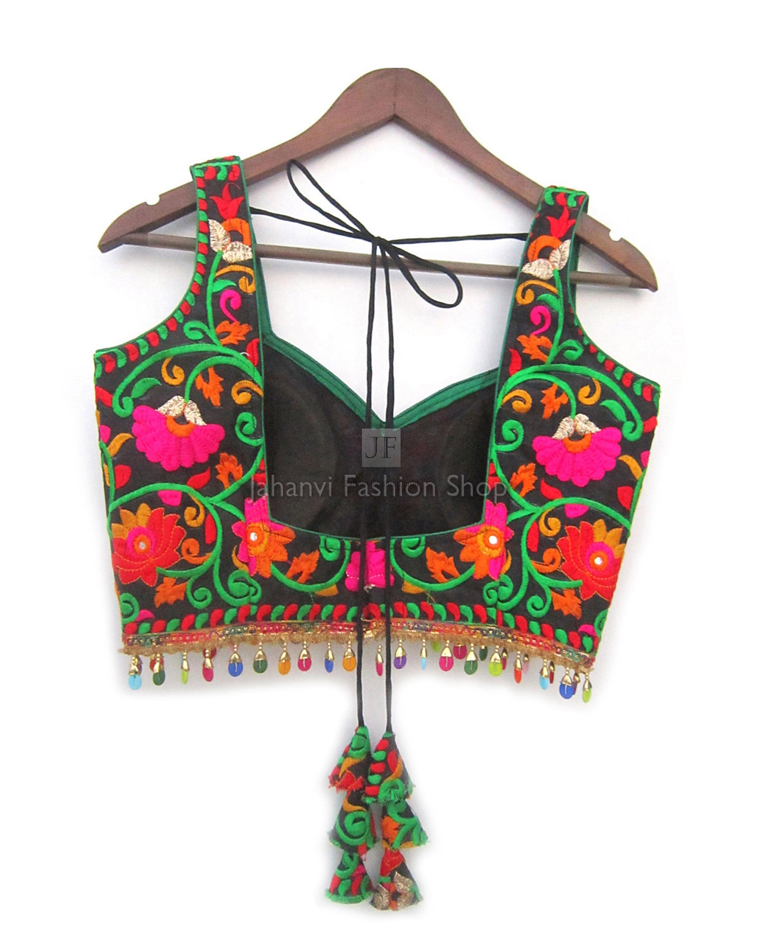Multicolor embroidered sleeveless blouse top, scoop neck, tassel trim, tie-back straps