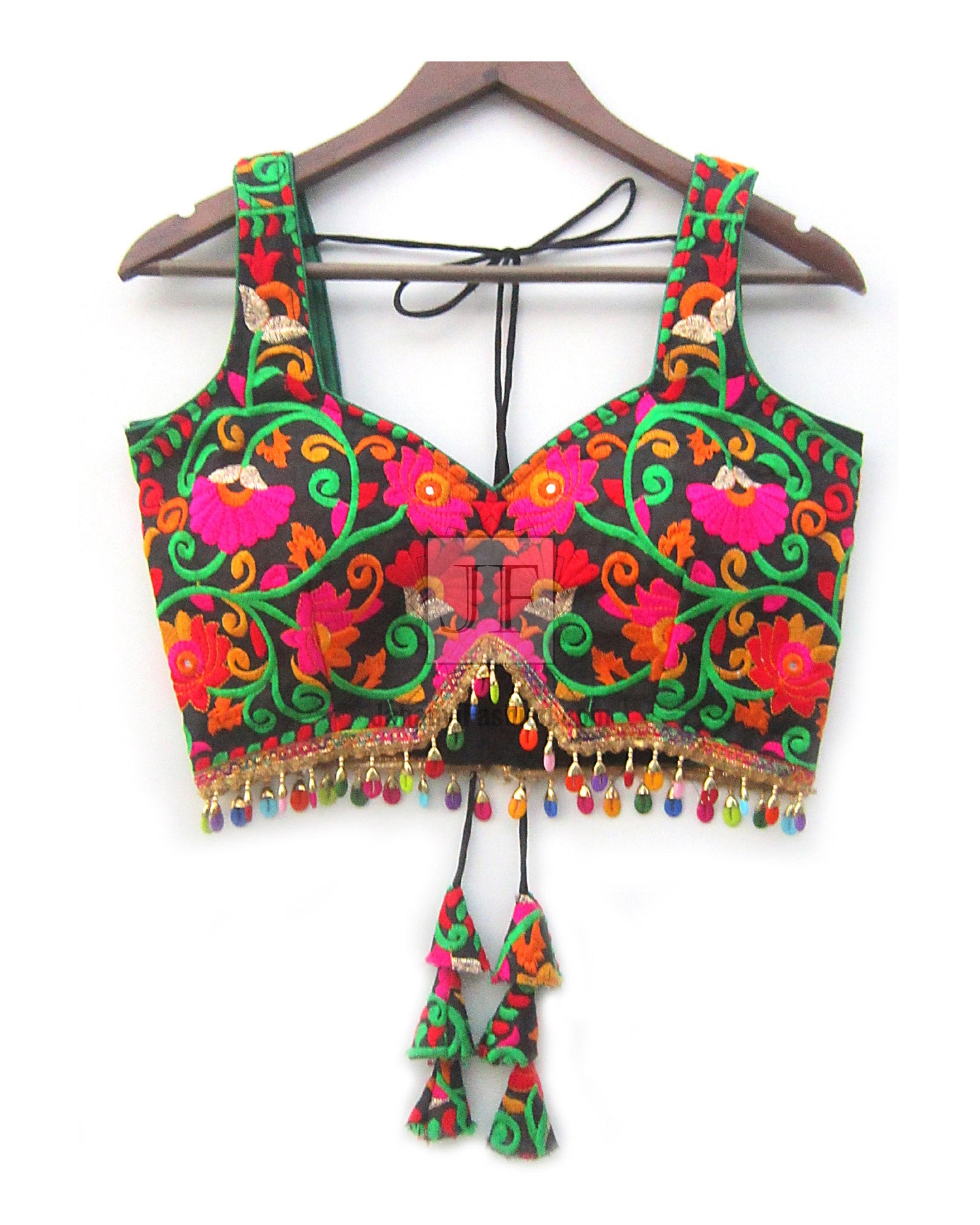 Multicolor embroidered sleeveless blouse with scoop neck, floral motifs, tassel fringe