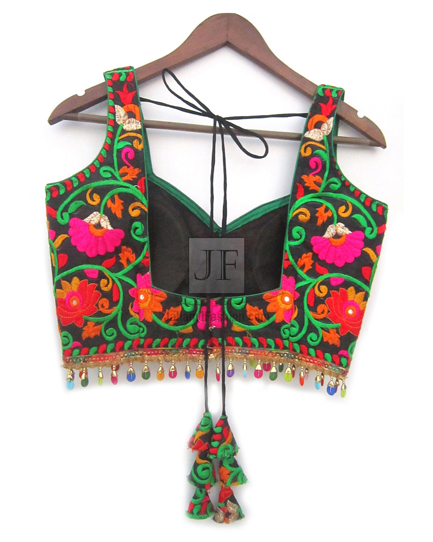 Multicolor embroidered blouse top, scoop neckline, tassel edging, adjustable tie-back
