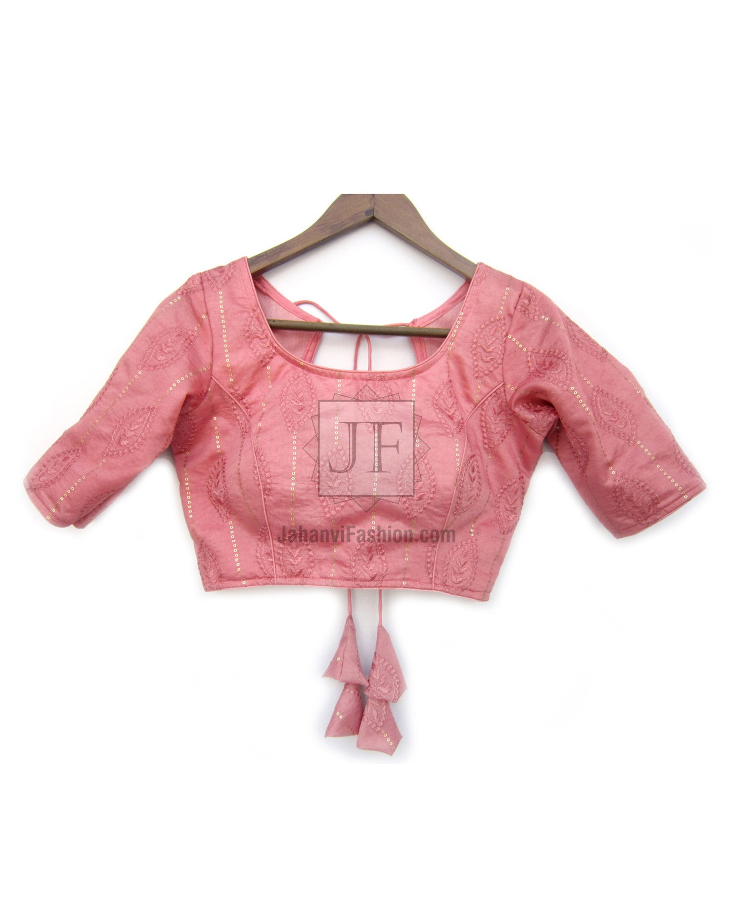 Rose pink V-neck embroidered blouse with short sleeves and back tie string