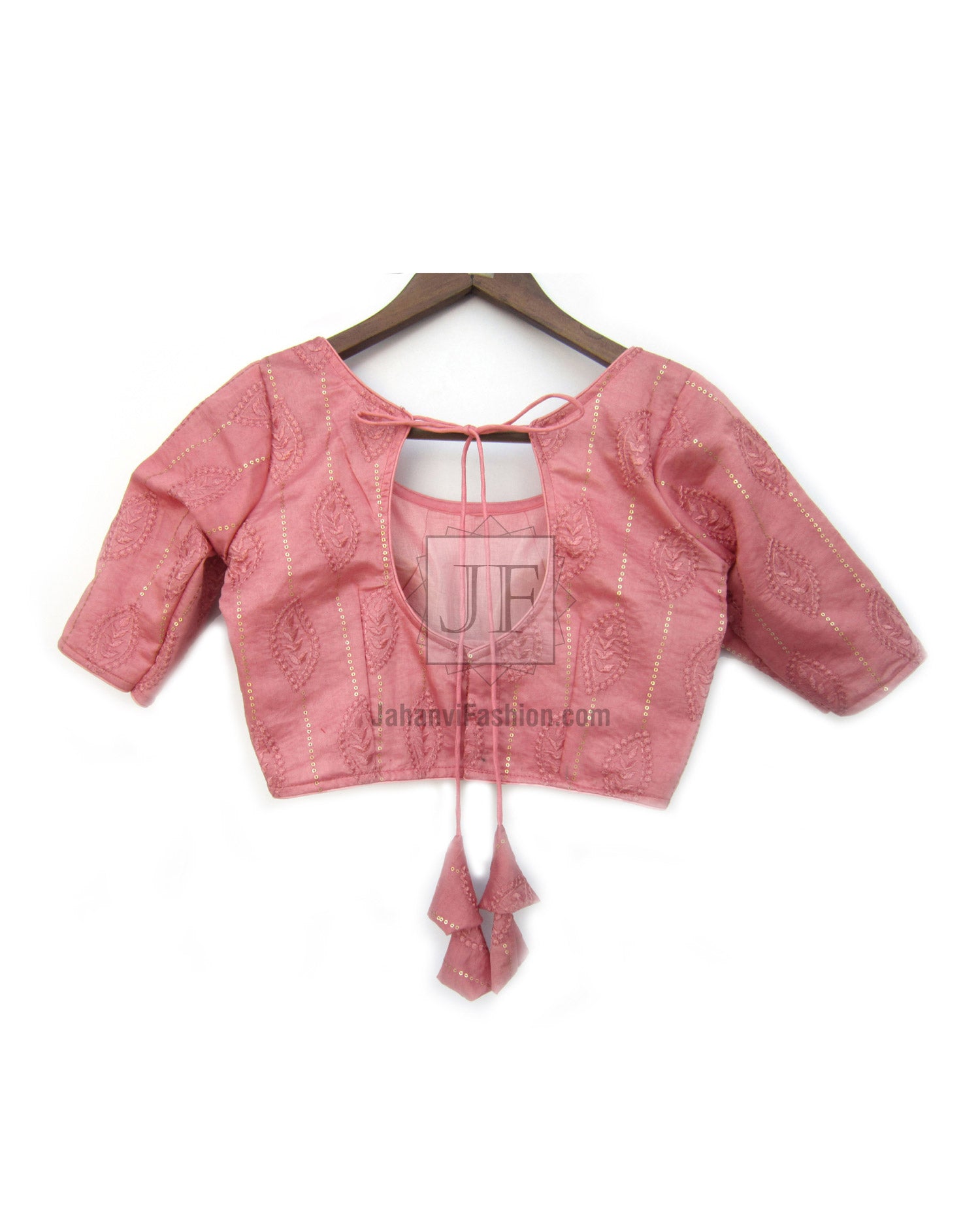Rose pink V-neck embroidered blouse, open back with hanging tie and elastic straps