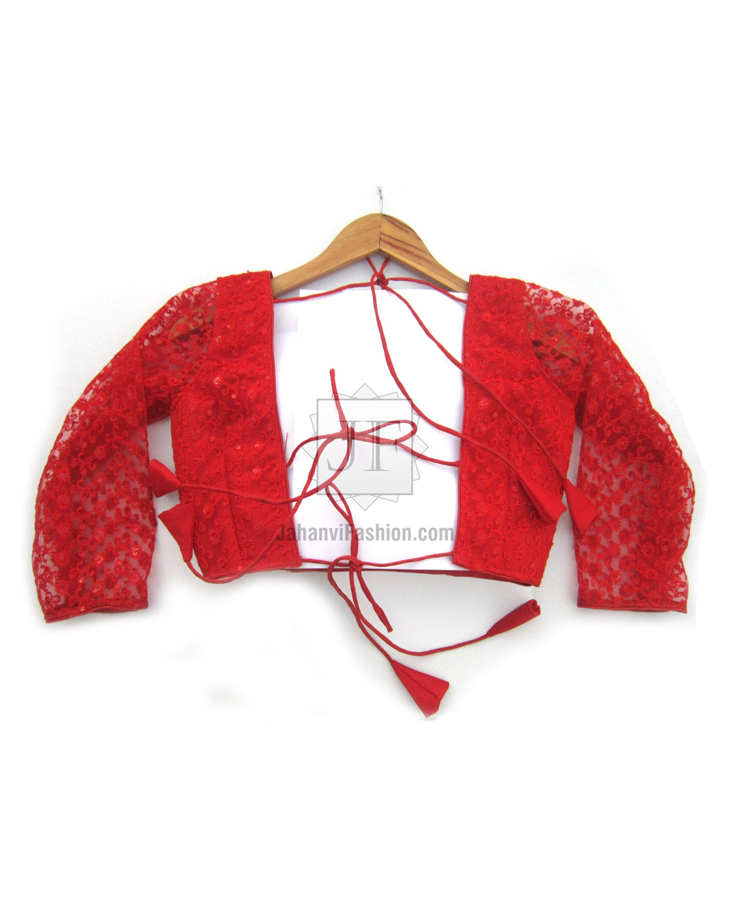 Red embroidered saree blouse crop top with 3/4 sleeves, square neckline