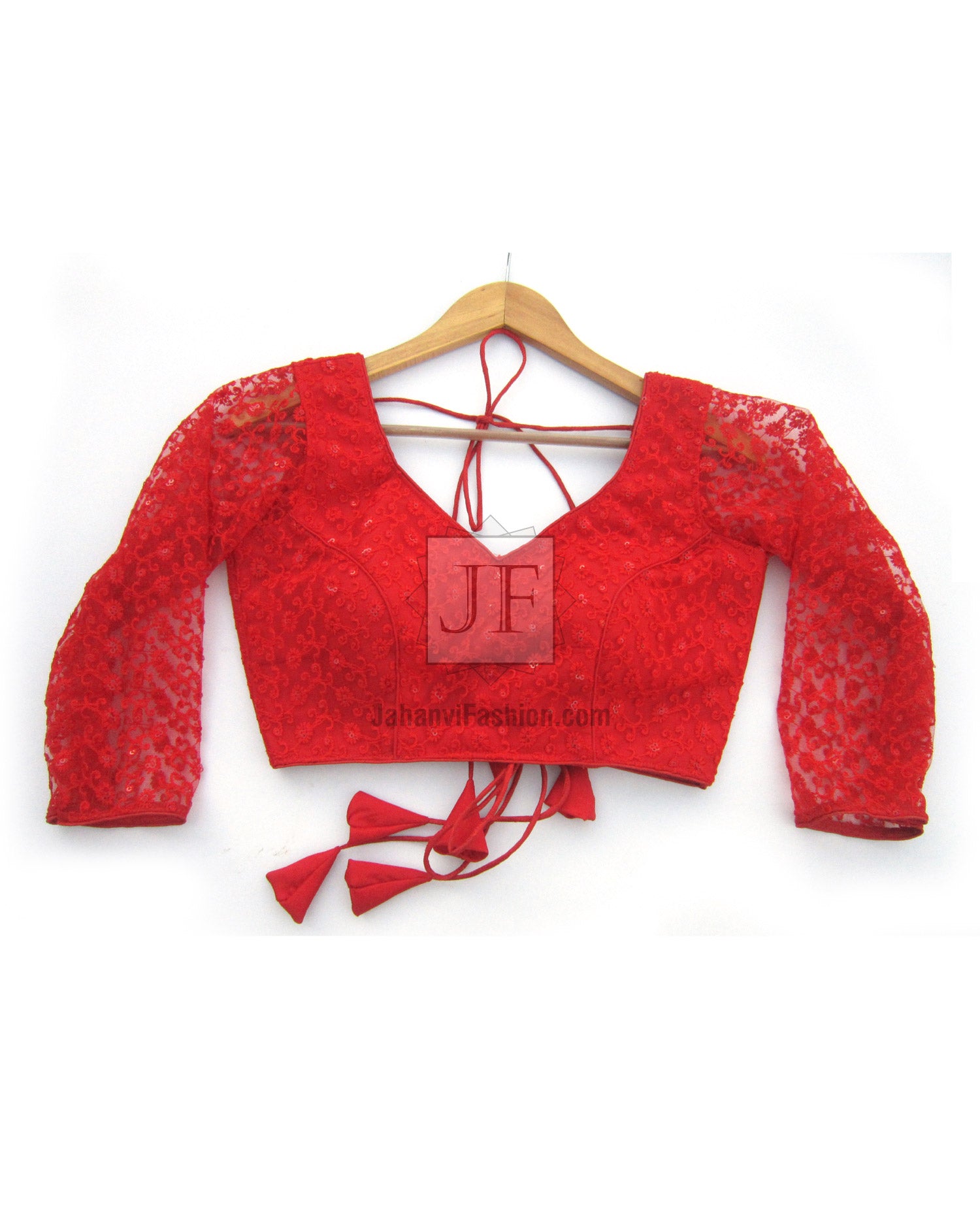 Red embroidered saree blouse crop top with 3/4 sleeves and tie hem