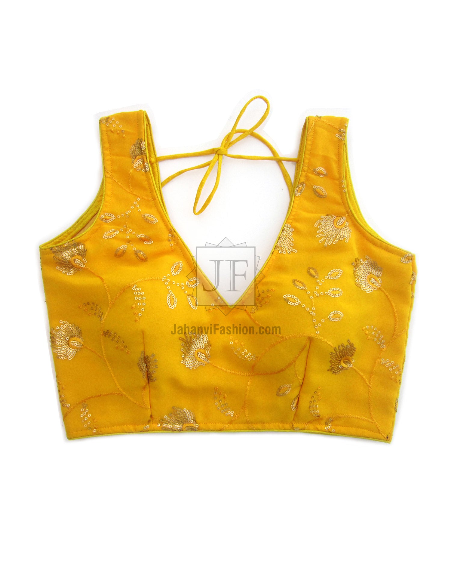 Embroidered yellow sari blouse top with tie-back neck and golden motifs