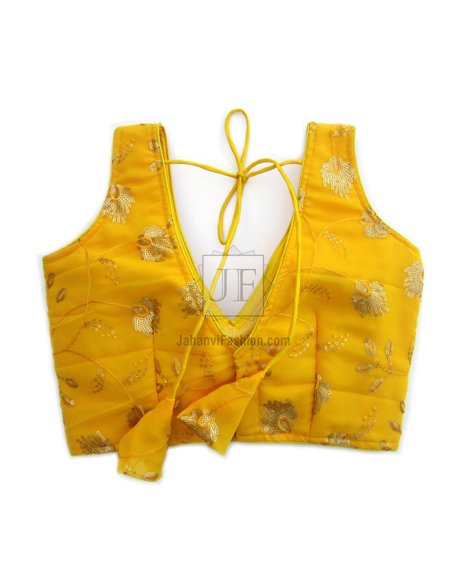 Embroidered yellow sari blouse with tie-back neck and gold motif embroidery, draped hem