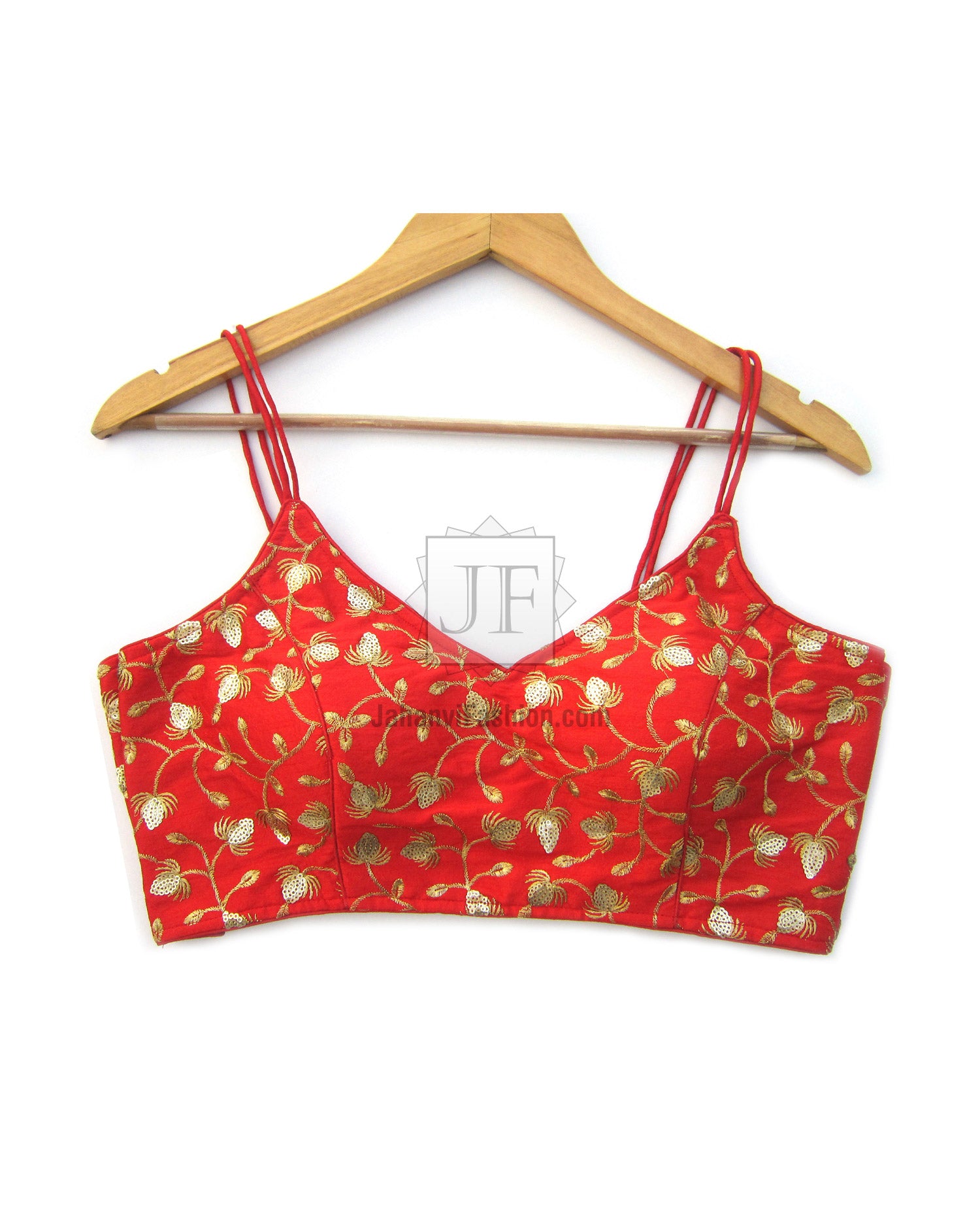 Red sari blouse crop top with spaghetti straps and golden floral print, front view