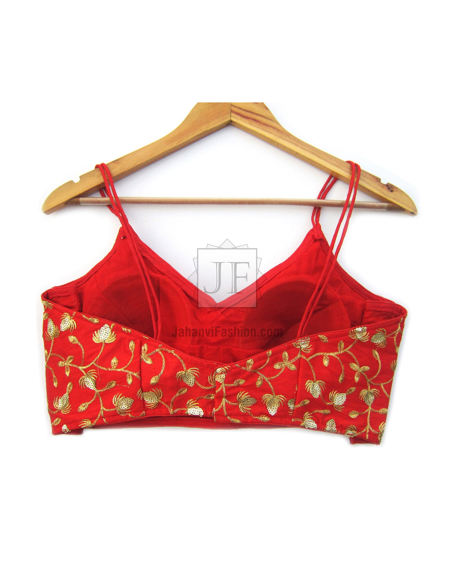 Red spaghetti-strap sari blouse crop top with golden floral embroidery band