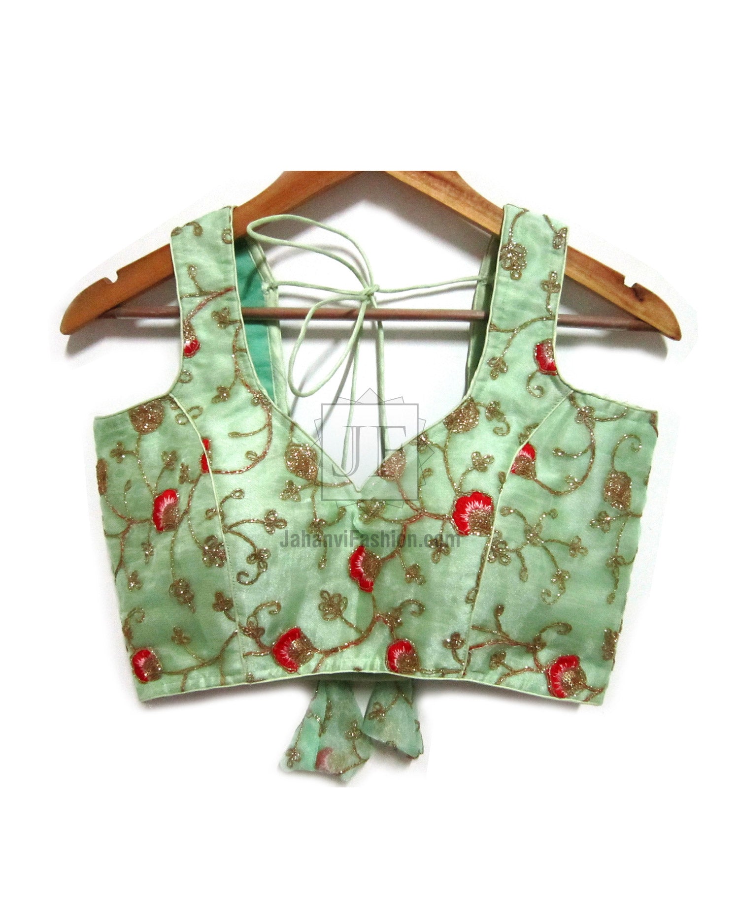 Sea green sweetheart neck blouse with gold floral and red embroidery, lace-up back detail