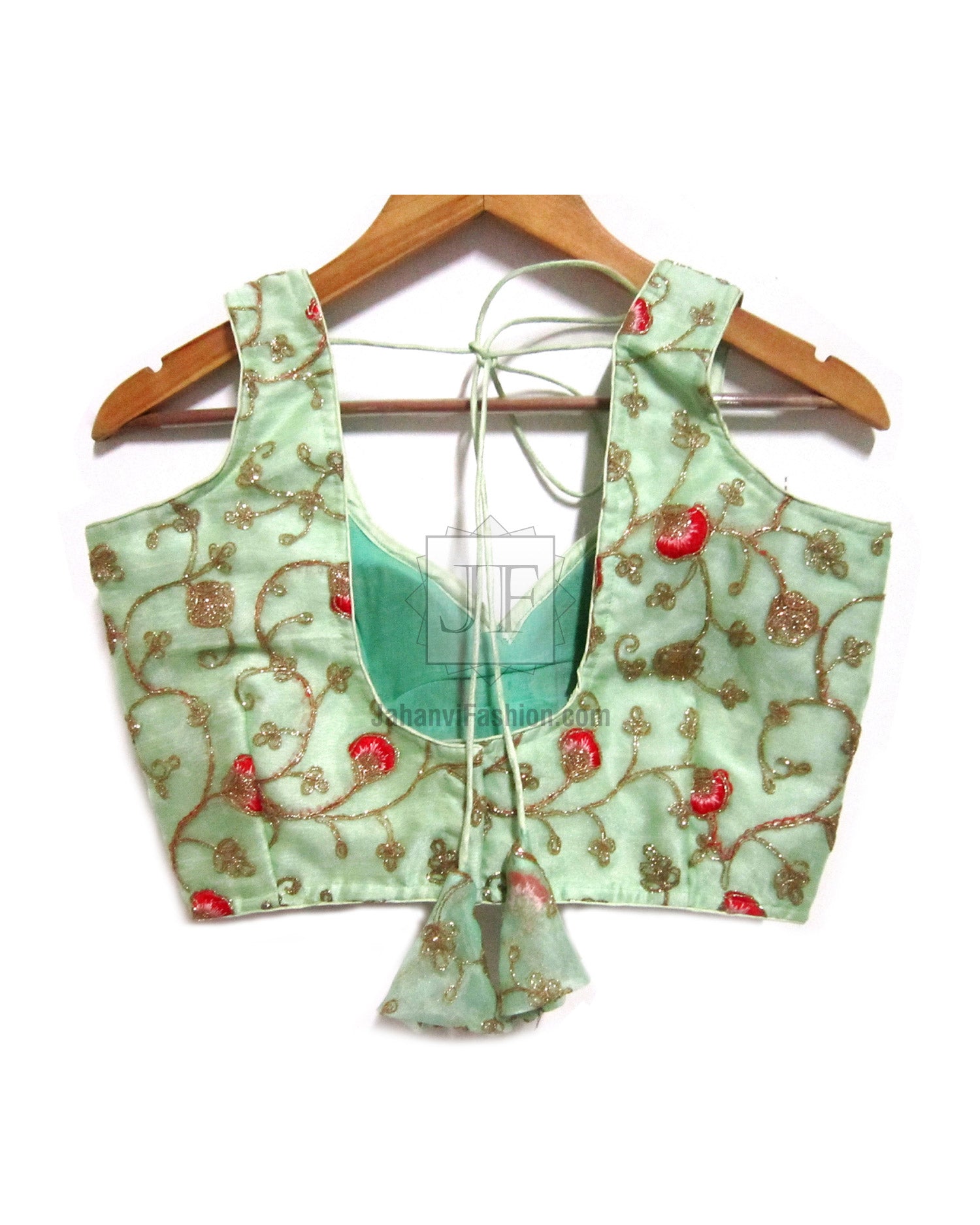 Sea green sweetheart neckline blouse, gold floral and red embroidery, lace-up back tie