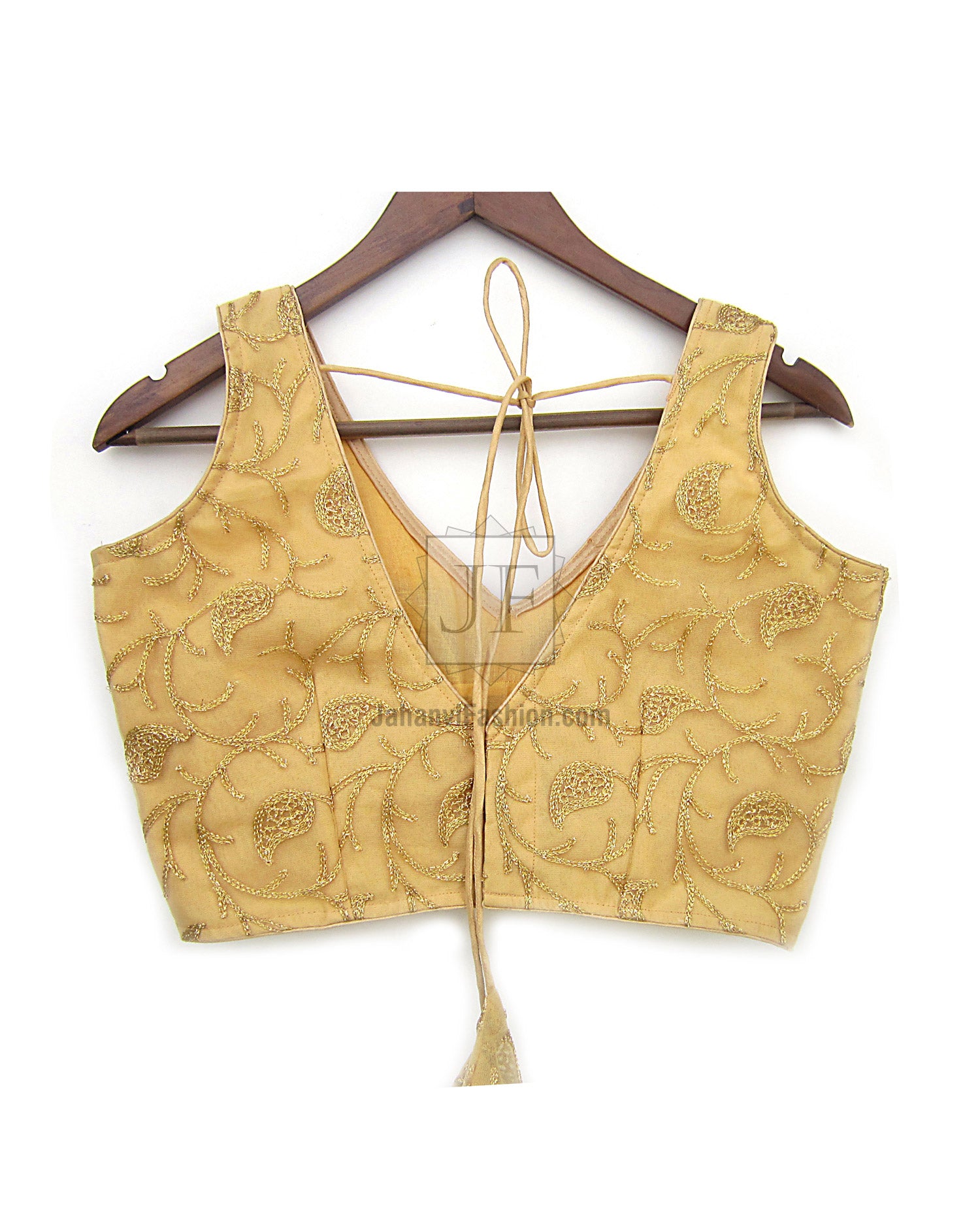 Embroidery Sari Blouse: Golden V Neck - For Bridal Saree, Princess Cut, Padded