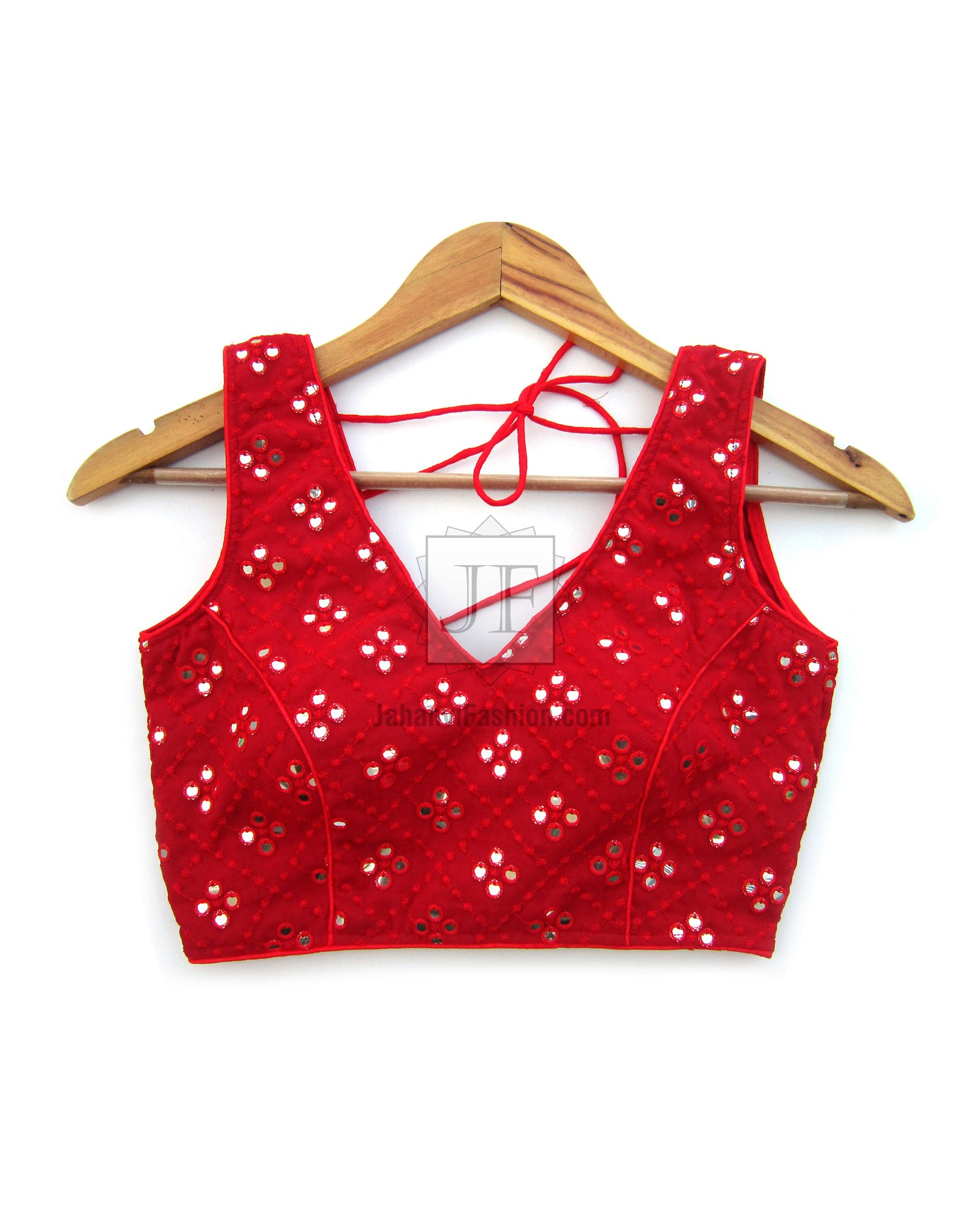 Red boat-neck saree blouse, sleeveless, sequined finish, tie-back strings