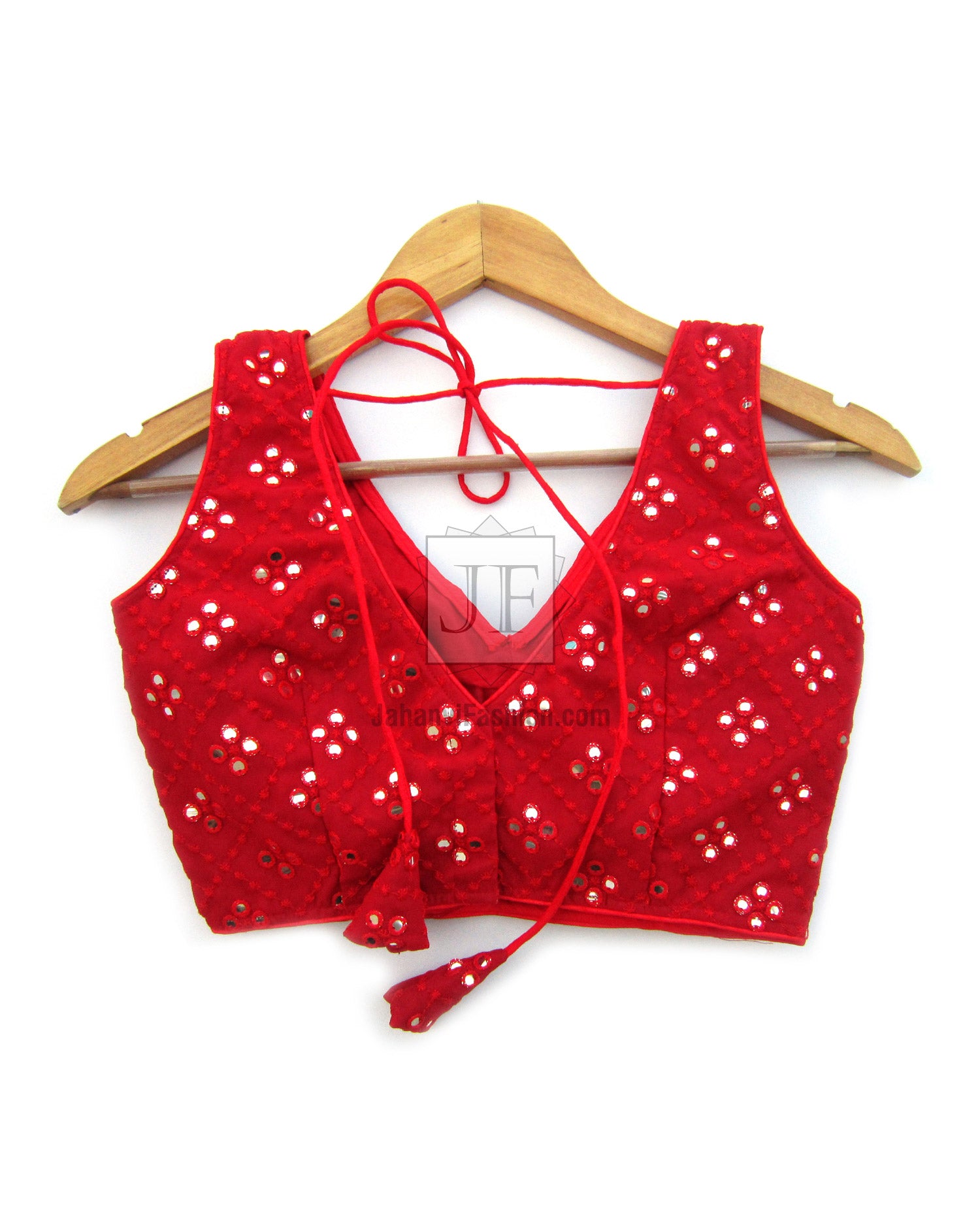 Red boat-neck saree blouse with sequined panels and crisscross back strings