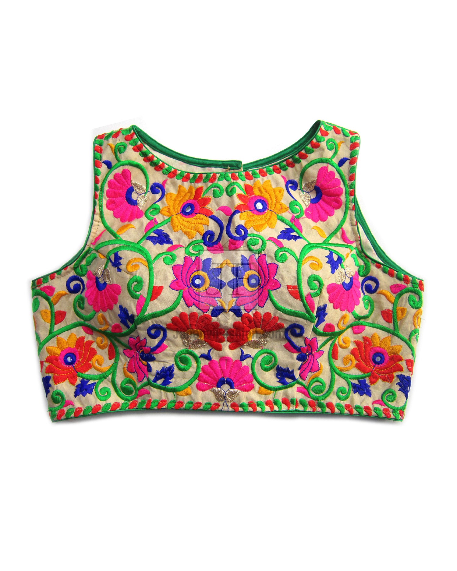 Embroidered sleeveless saree blouse, light background with colorful floral vines and sequins