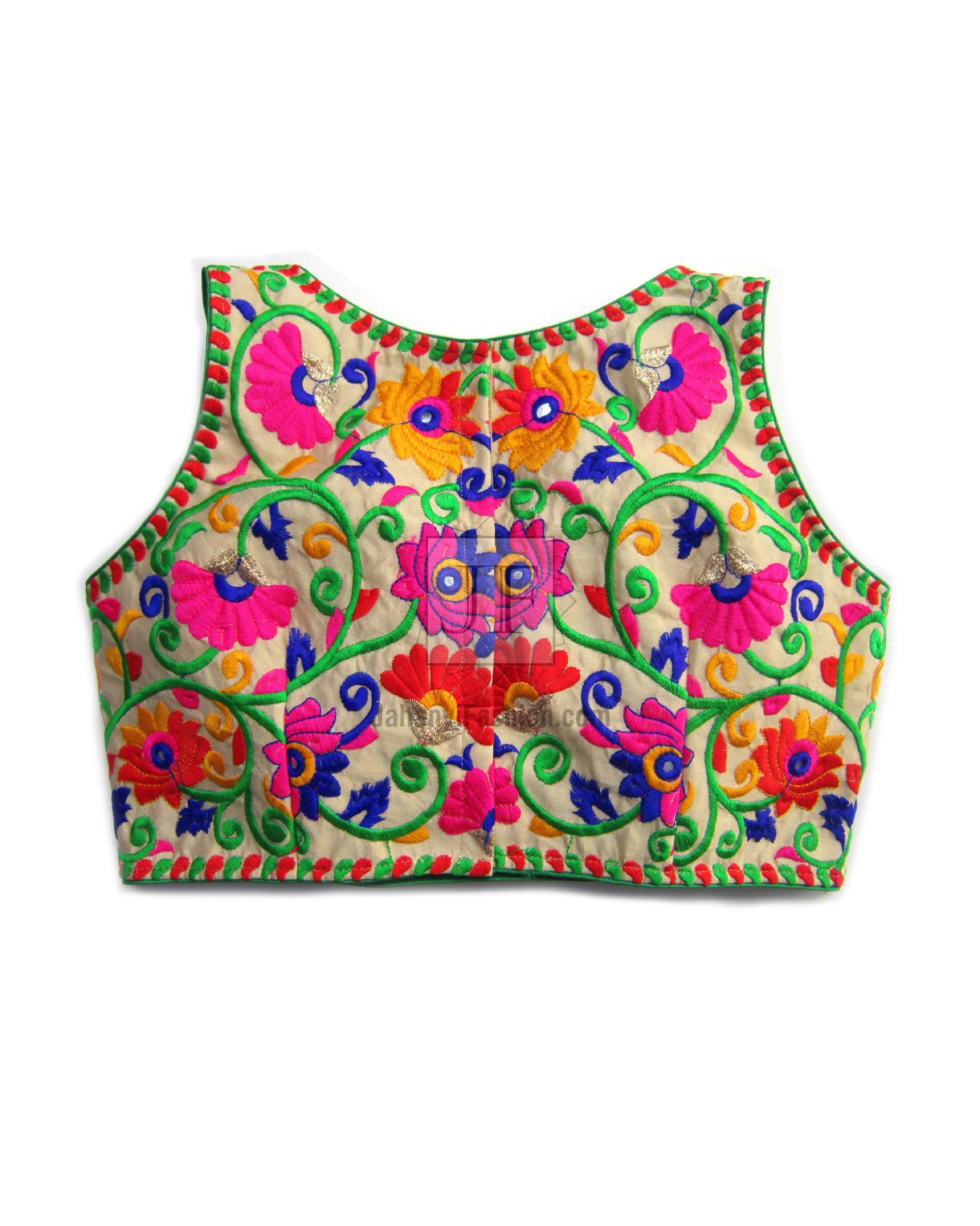 Embroidered sleeveless saree blouse with round neckline, bright floral vine embroidery on light base