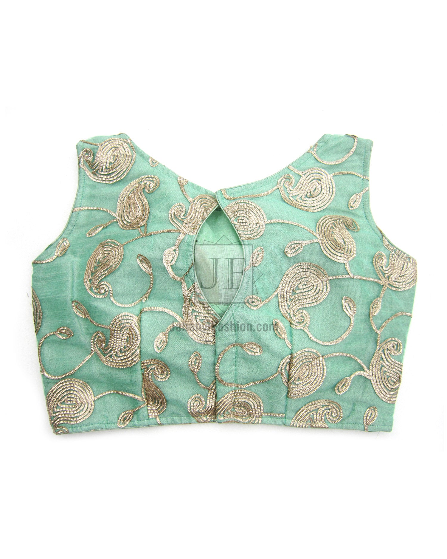 Teal boat-neck saree blouse with gold embroidered swirl motifs across front