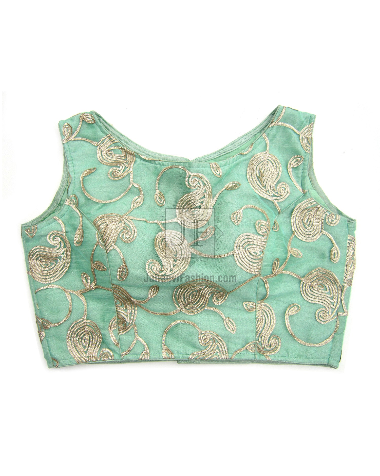 Teal embroidered saree blouse with gold swirl patterns and boat neckline
