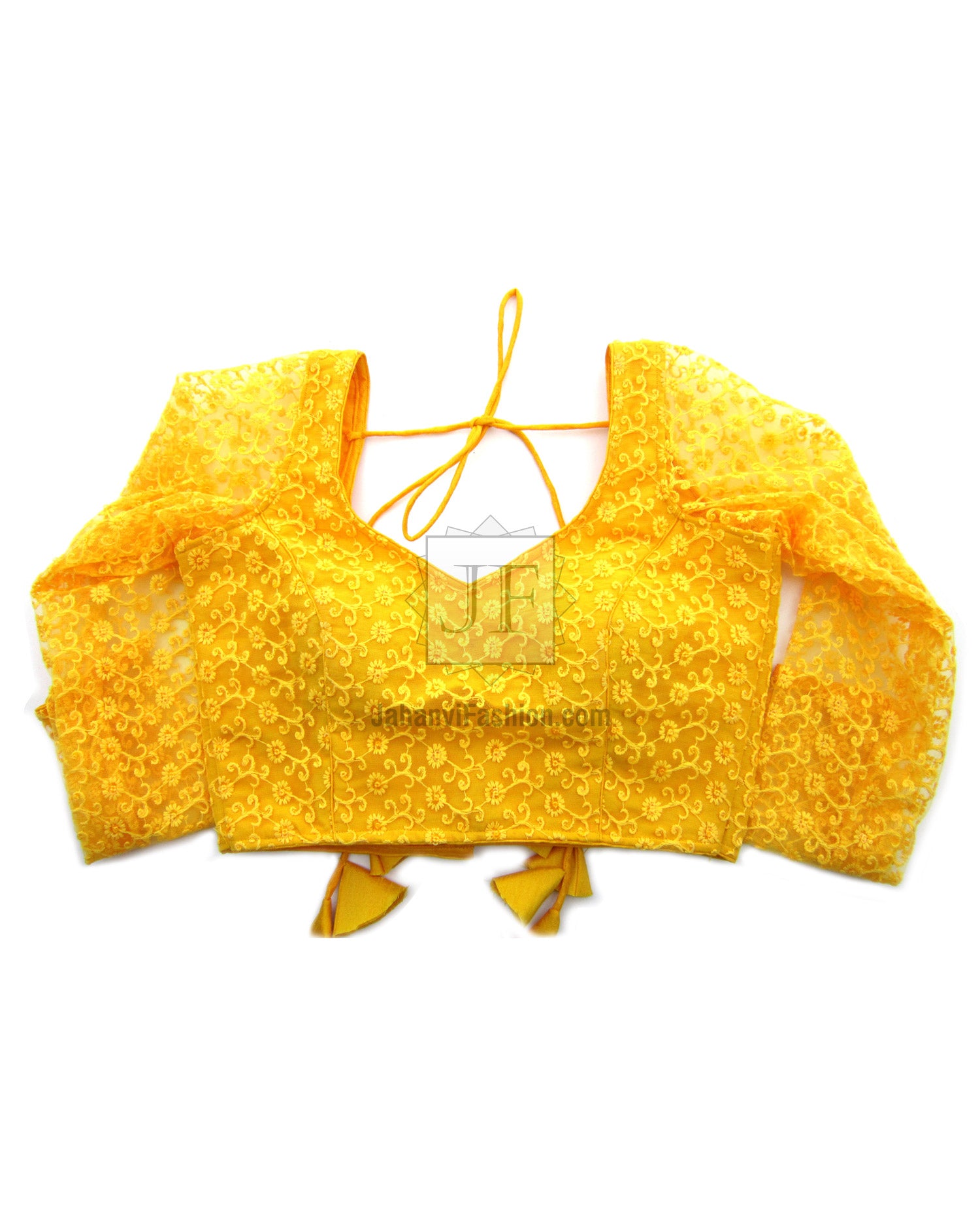 Embroidered golden saree blouse with 3/4 net sleeves, back tie strings and hook neck