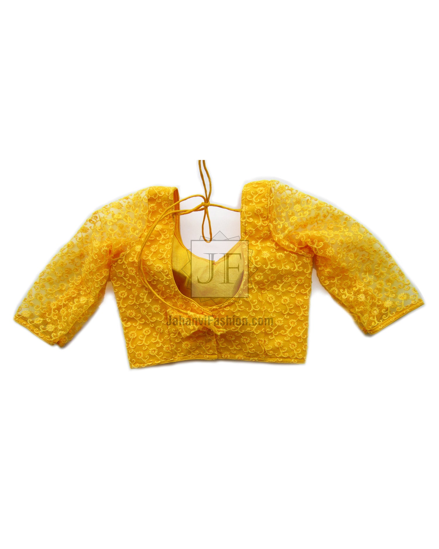 Gold embroidered net saree blouse with quarter sleeves and open tie-back neckline