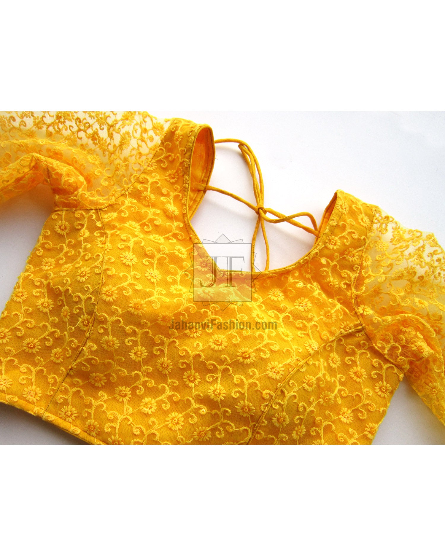 Golden embroidered blouse front view, 3/4 puffed net sleeves with scalloped edges