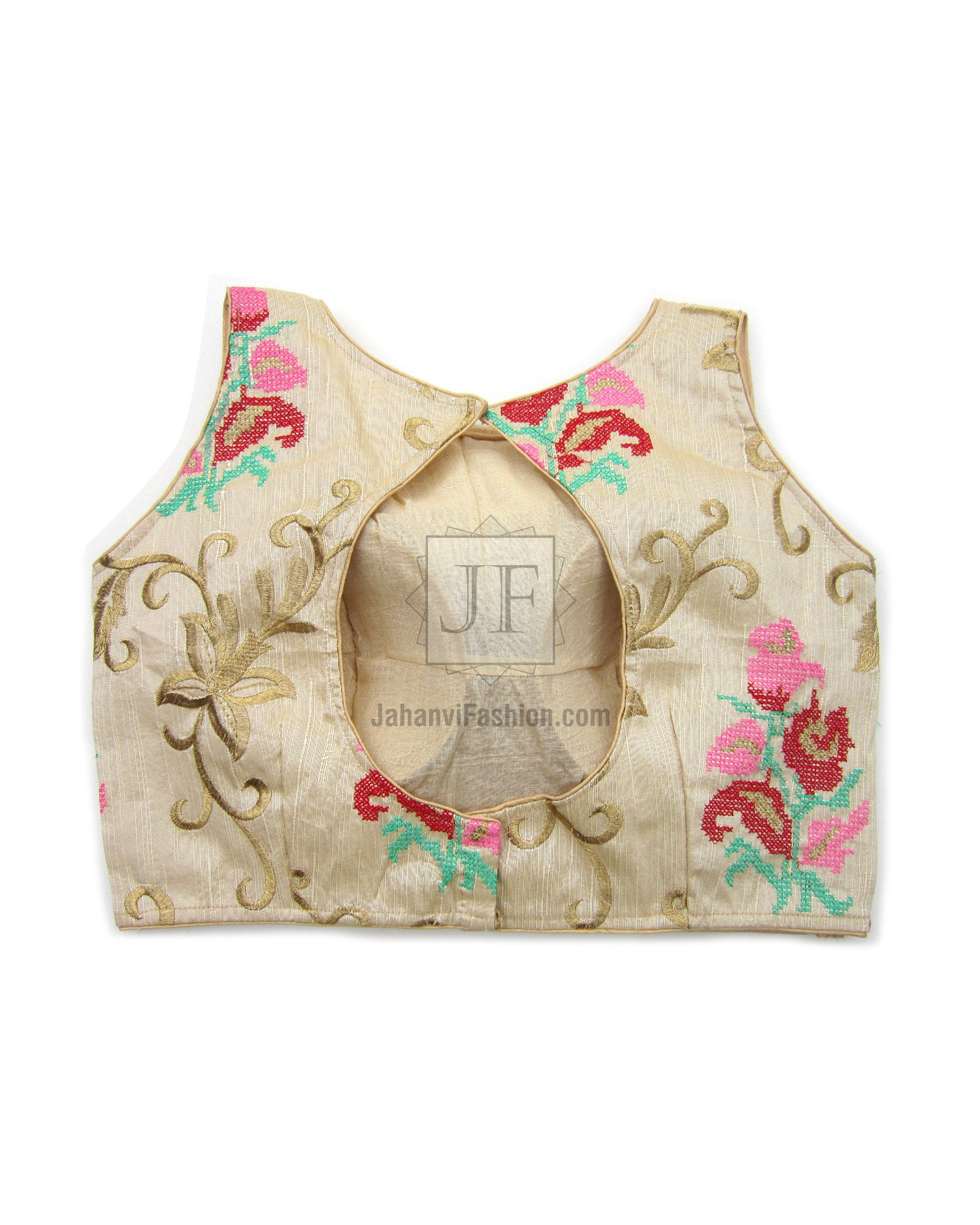 Sleeveless boat-neck embroidered blouse crop top with scalloped neckline and floral motifs