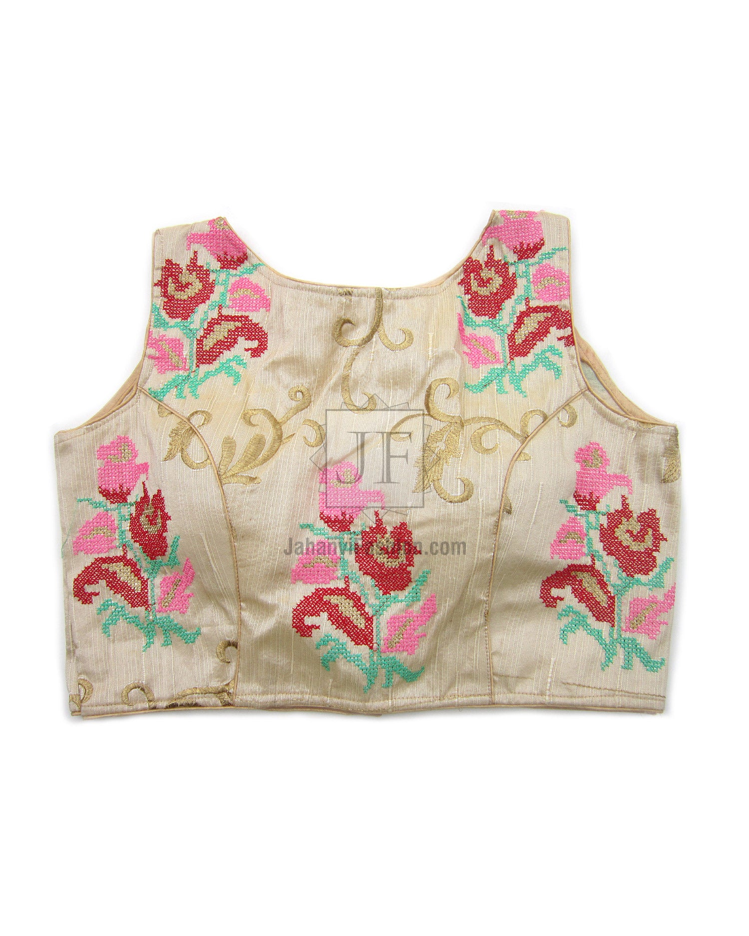 Sleeveless boat-neck embroidered blouse crop top with colorful floral motifs