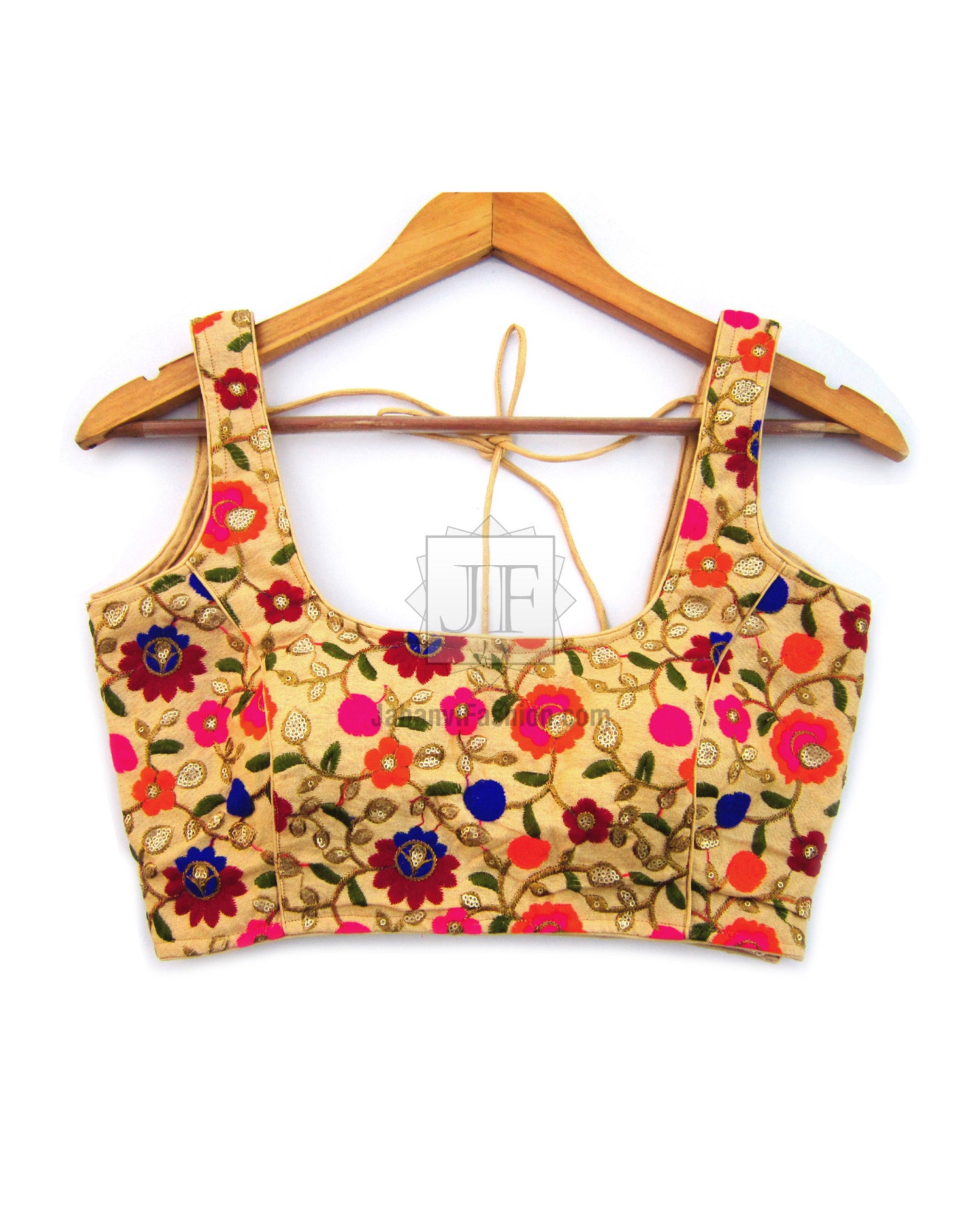 Floral embroidered saree blouse crop top with wide round scoop neck and sleeveless cut