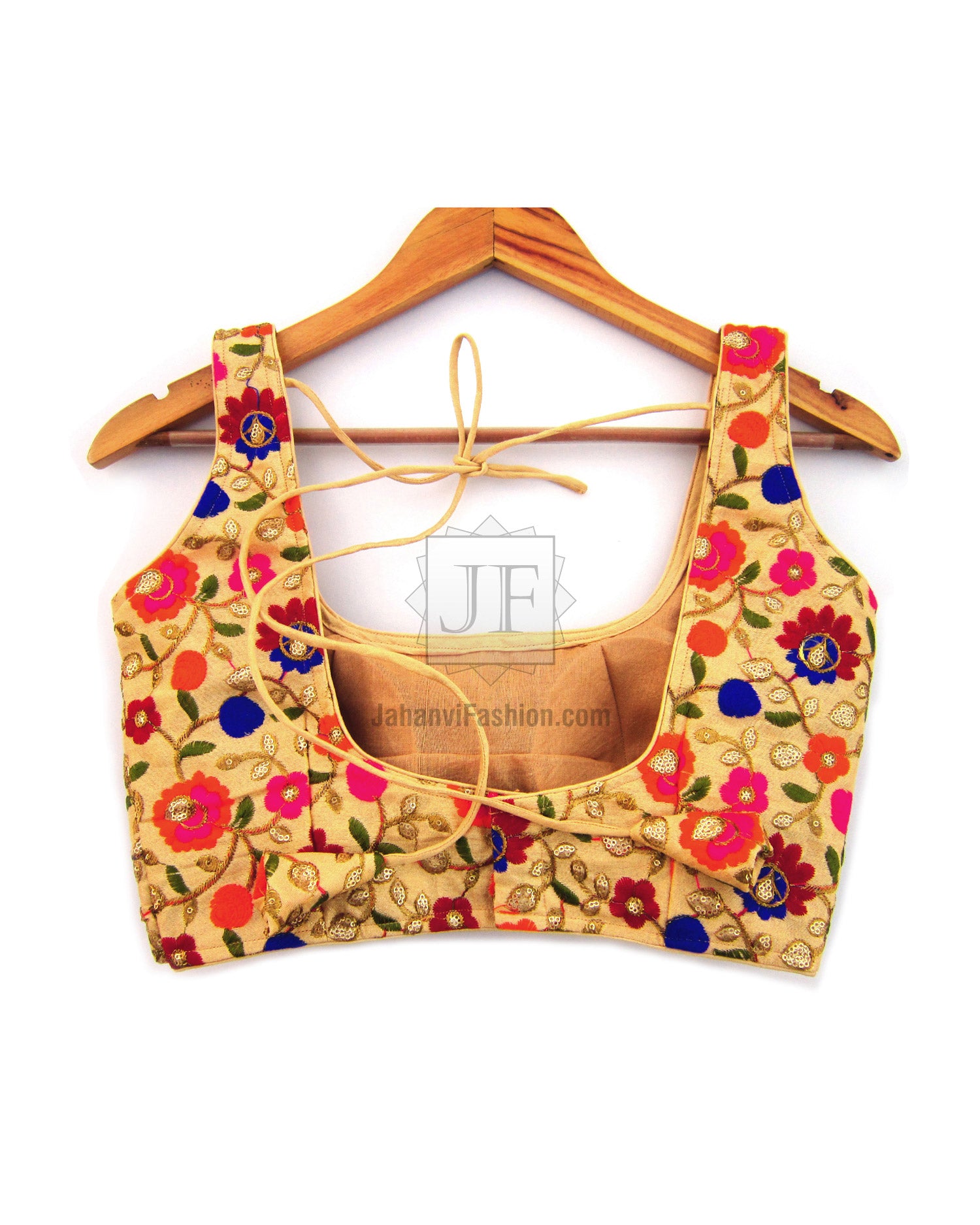 Embroidered saree blouse crop top with wide round scoop neck, floral multicolor design