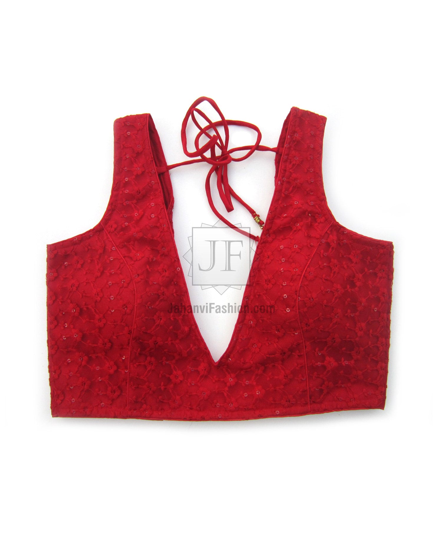 Red net embroidered saree blouse with deep V front and crisscross ribbon ties.