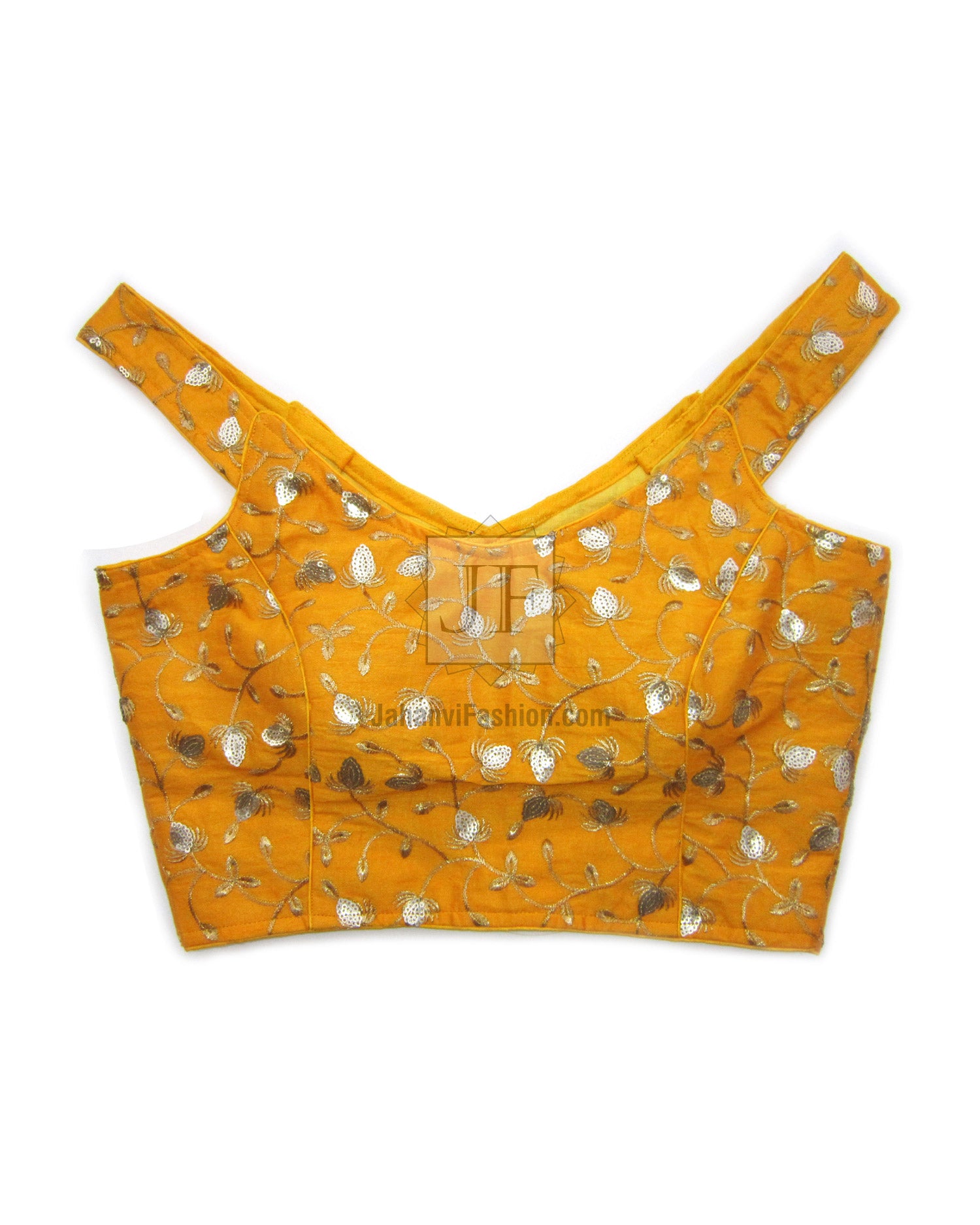 Golden off-shoulder embroidered saree blouse top with silver motifs, sleeveless