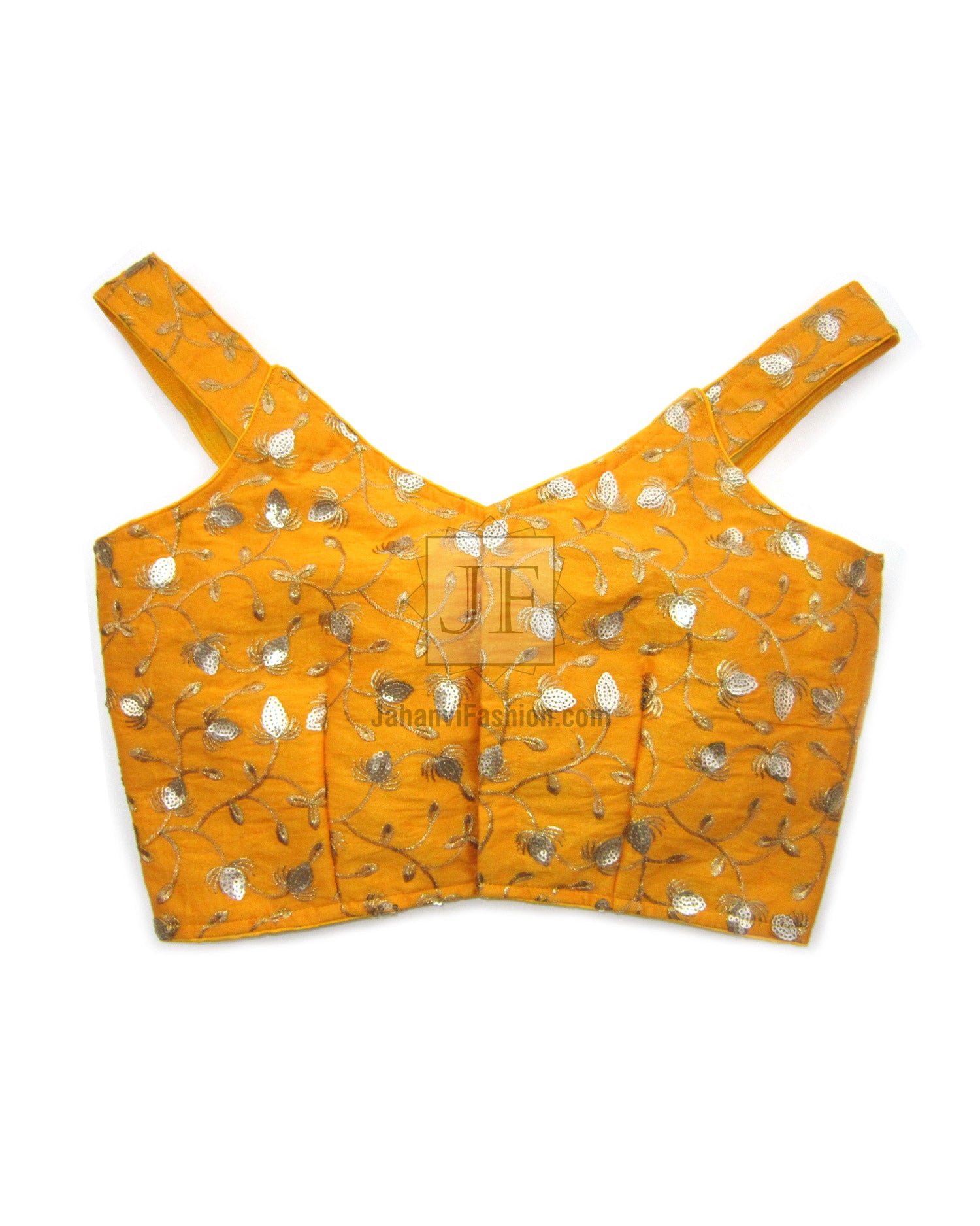 Golden sleeveless off-shoulder embroidered blouse with silver floral detailing