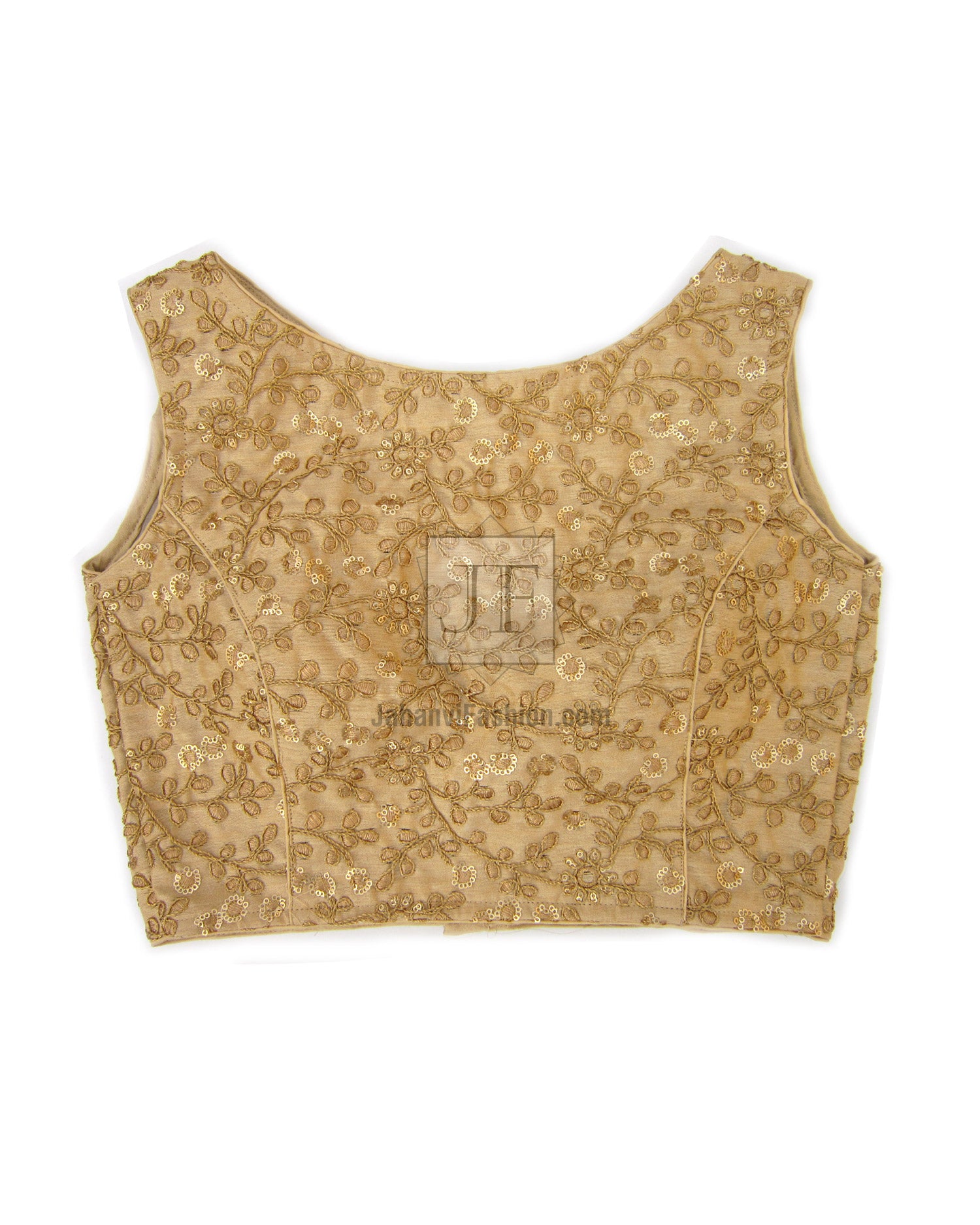 Gold embroidered sleeveless boat-neck crop top blouse with front yoke seam