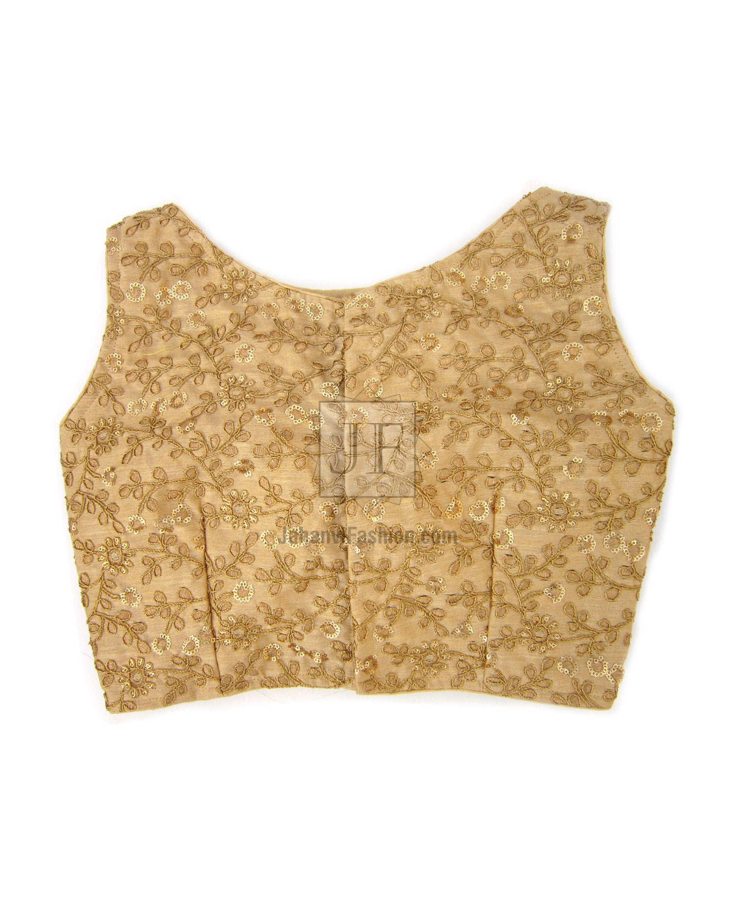 Gold embroidered sleeveless boat-neck crop top blouse with curved neckline