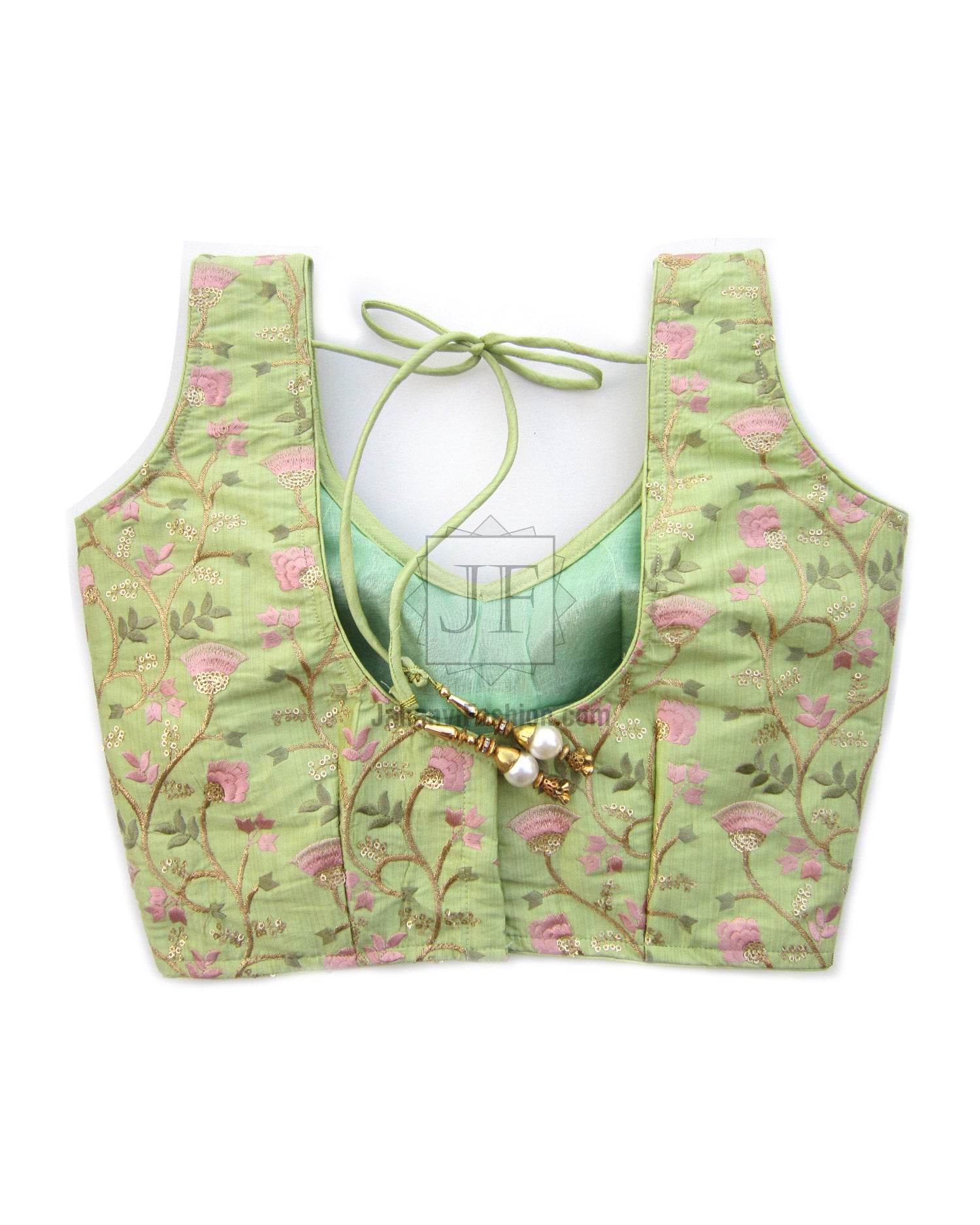 Princess-cut saree blouse in green with pink floral embroidery and jeweled neckline trim