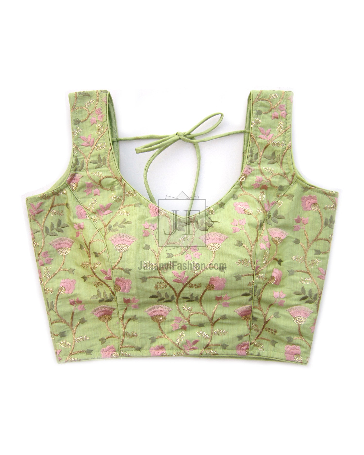 Princess-cut saree blouse in green with pink floral embroidery and back tie straps