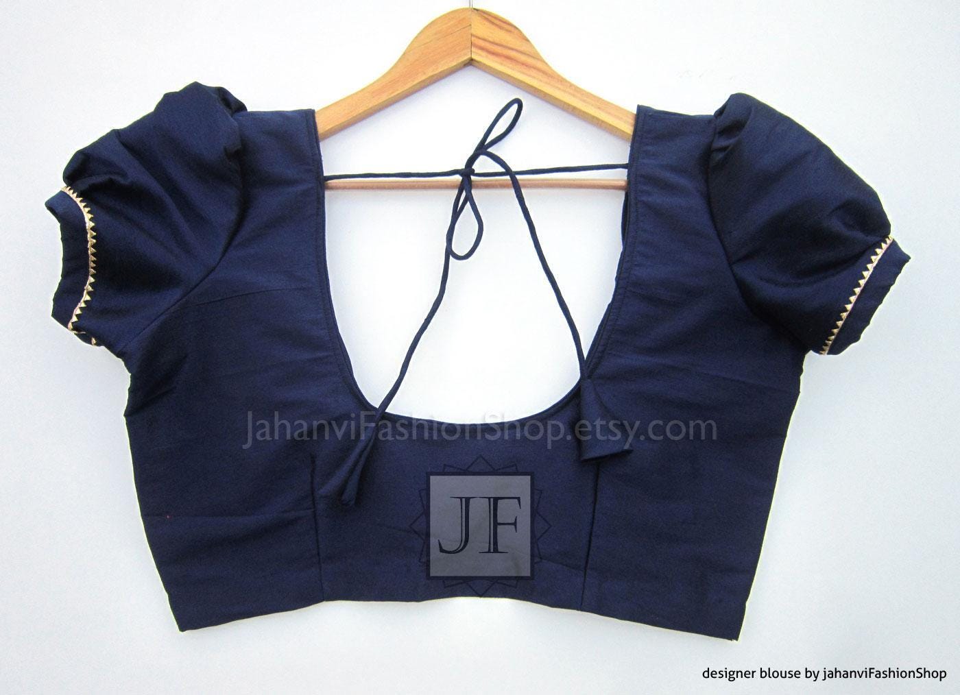 Navy puff sleeve saree blouse, open back with tie strings and scalloped cuffs