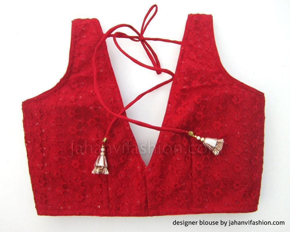 Deep V-Neck Saree Blouse: Red Net Embroidery Sari Top - Made to Order